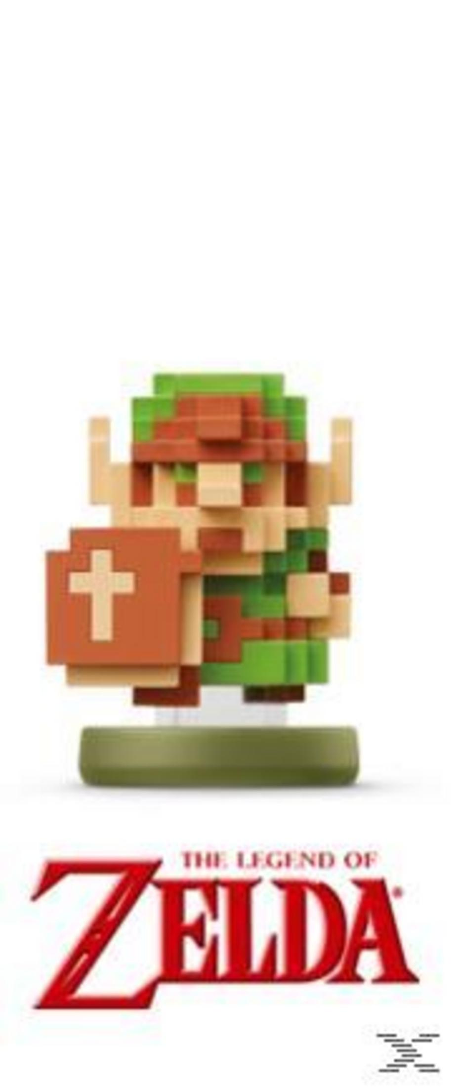 Figura de Link de 8 bits con escudo, sobre base verde. Logo de Zelda debajo.