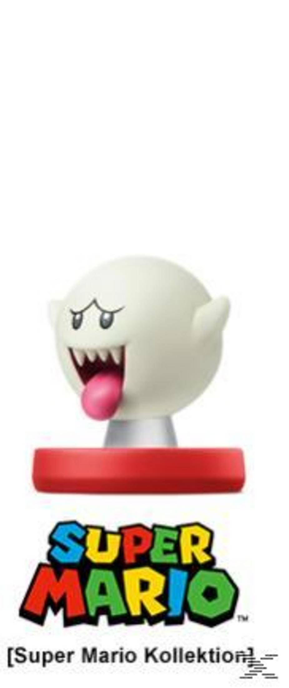 Un fantôme Boo blanc avec langue rose sur base rouge, avec texte Super Mario.