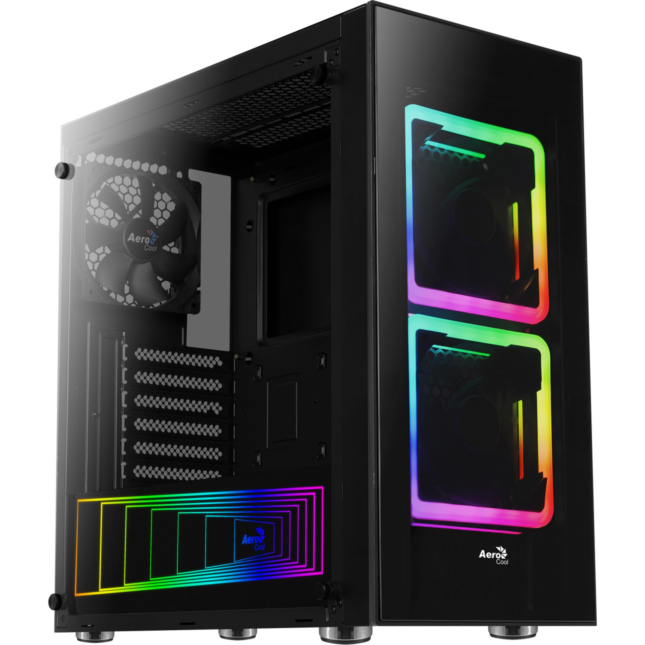 Case PC nero con ventole RGB e accenti luminosi frontali e laterali.
