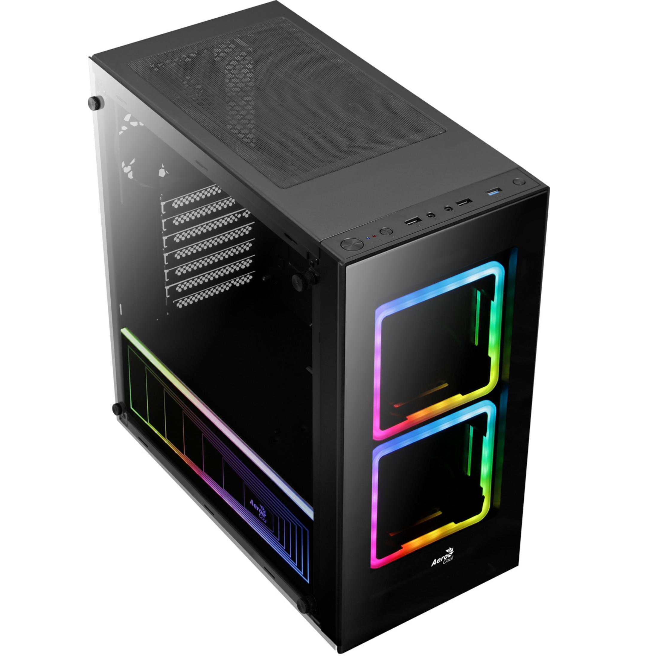 Case PC nero con frontale in vetro e illuminazione RGB sulle ventole.