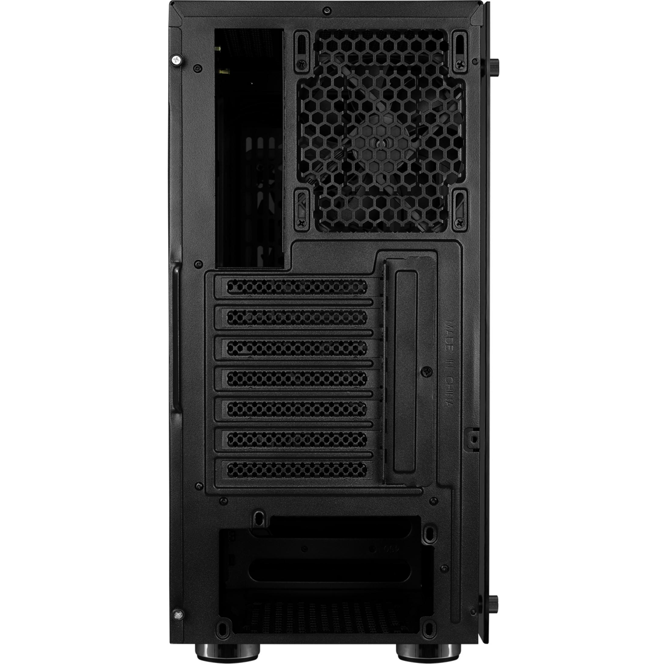 Vista posteriore di un case per computer nero con ventola e porte.