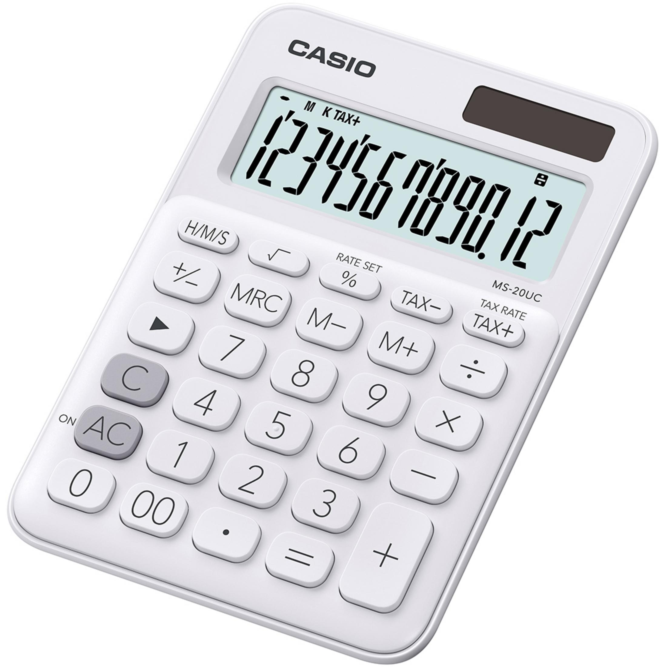 Una calculadora Casio blanca con una pantalla grande que muestra 1234567890.12.