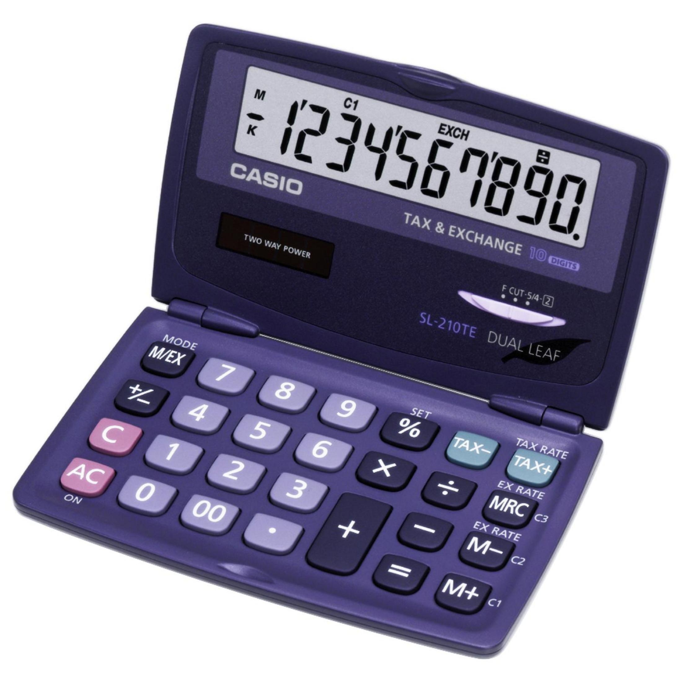 Una calcolatrice Casio viola con pulsanti e display LCD.