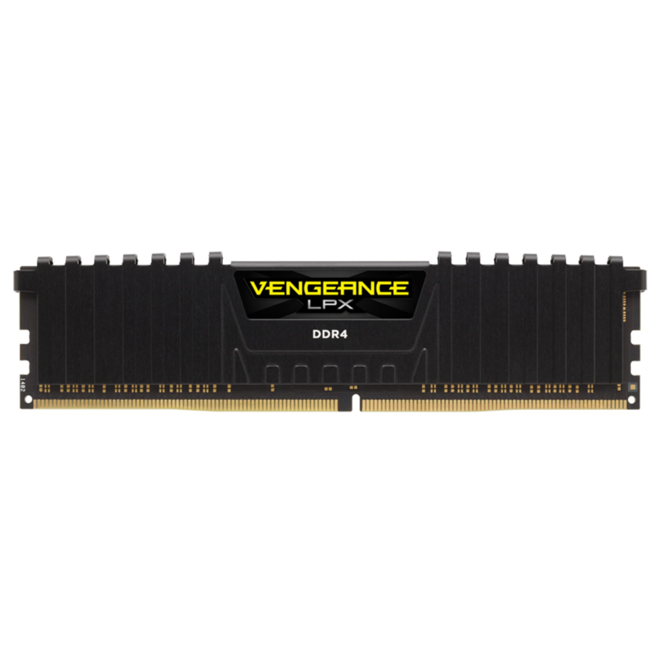 Schwarzer DDR4 RAM-Riegel mit silbernen Kontakten und gelbem Logo.
