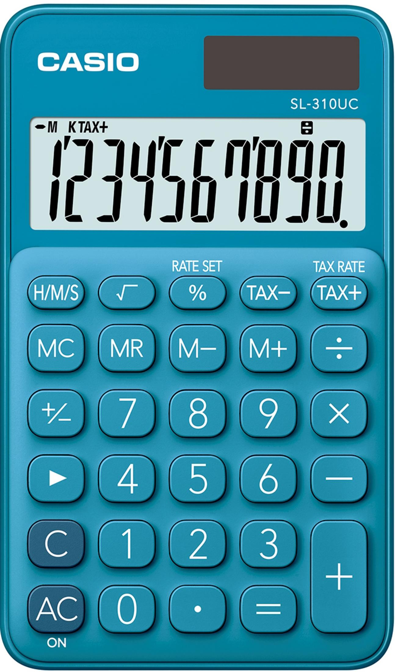 Una calcolatrice Casio blu mostra 1234567890 sul suo schermo LCD.