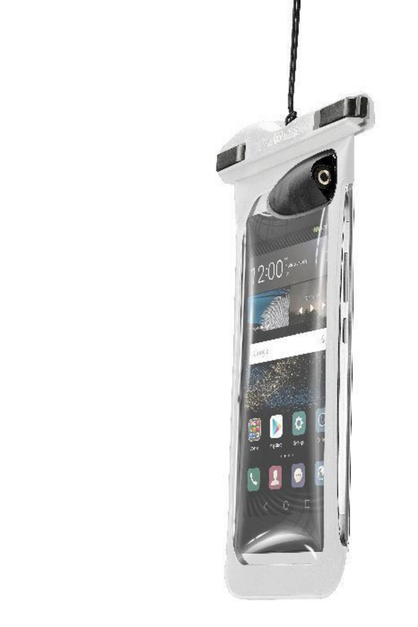 Ein Smartphone in einer transparenten Hülle hängt an einer Schnur.