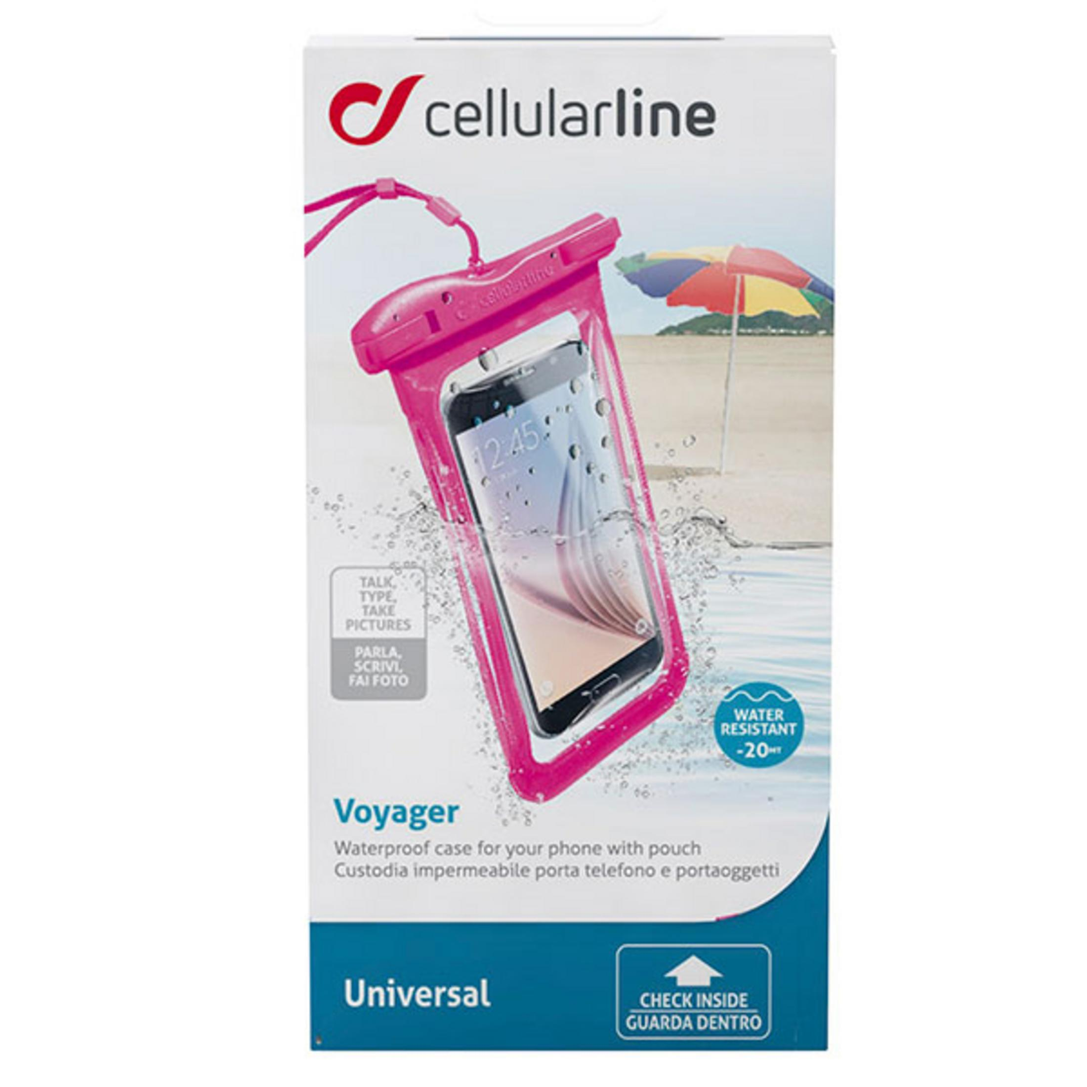 Verpackung einer wasserdichten pinken Handyhülle am Strand mit Schirm.