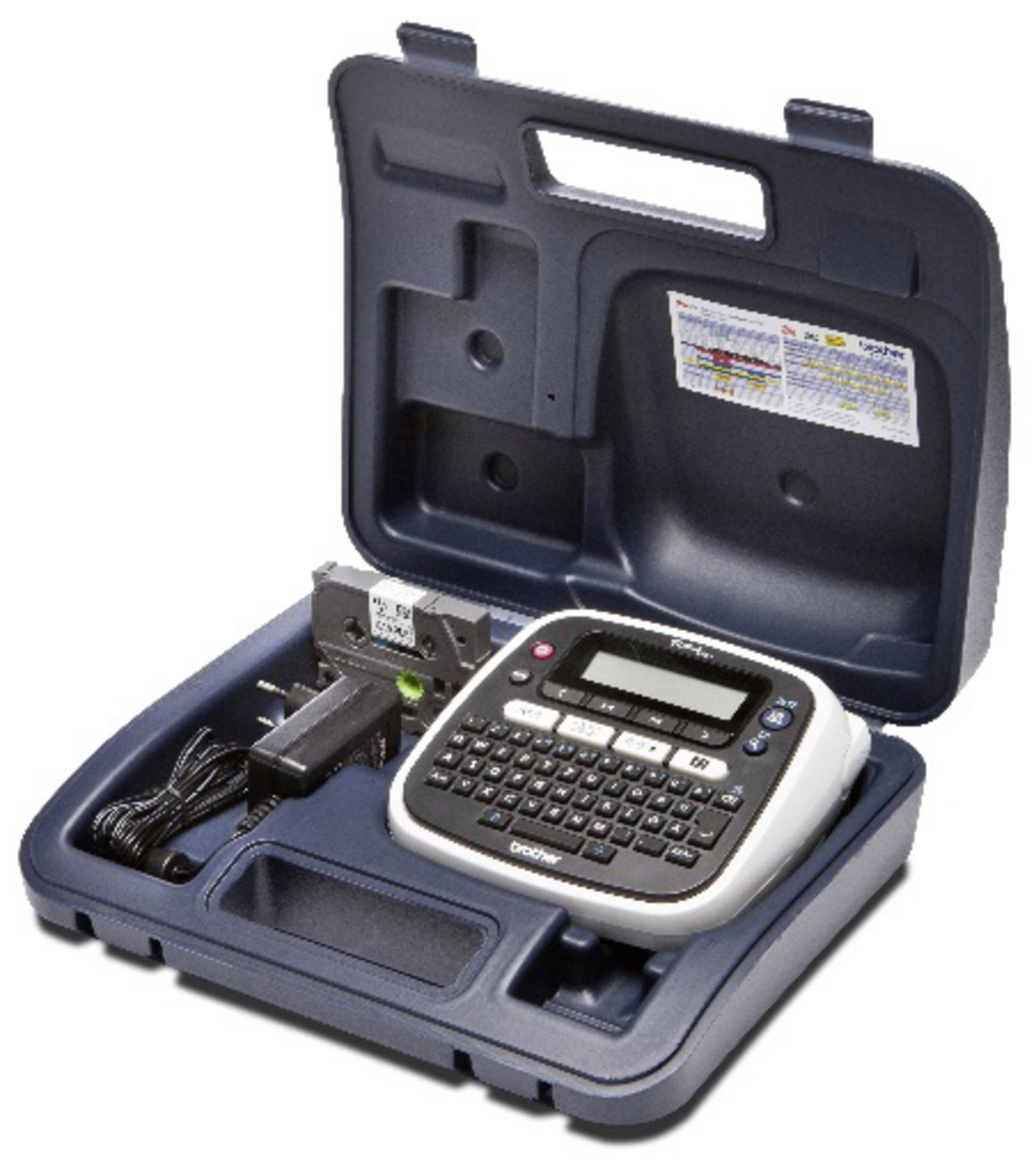 A label maker with a keyboard and screen inside a blue case.