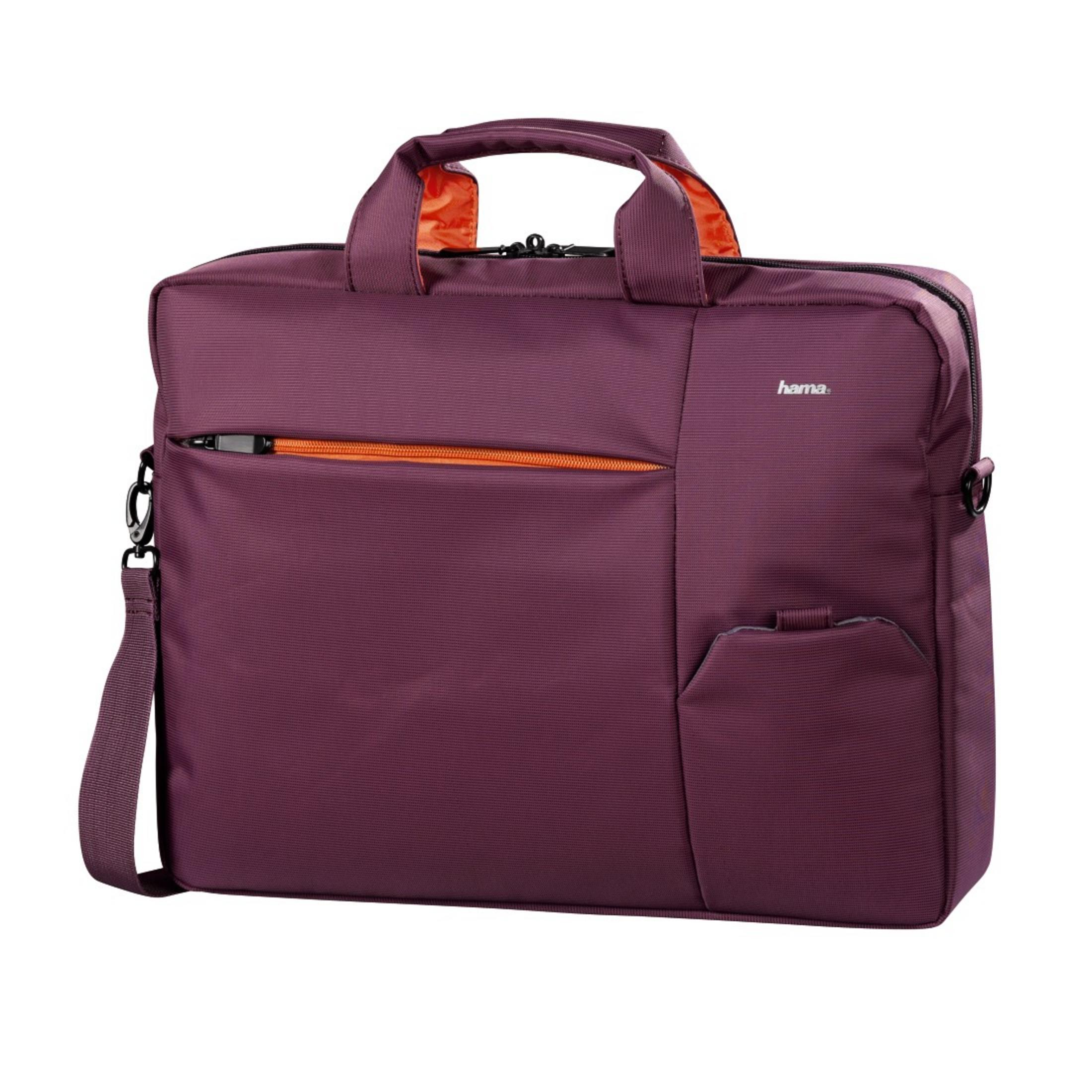 Una borsa per laptop color vinaccia con fodera arancione e manici.