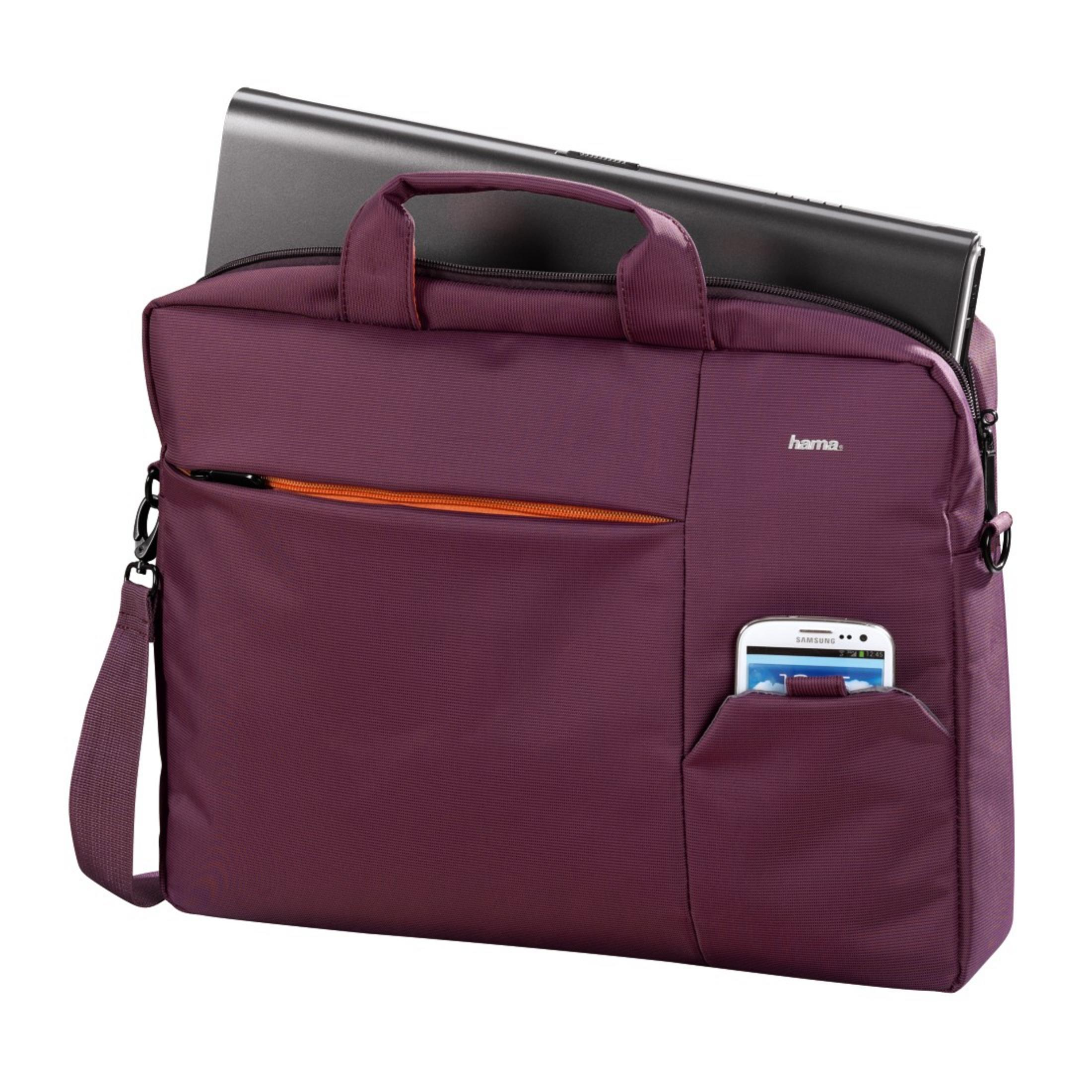 Una borsa viola per laptop con un laptop che sporge parzialmente e uno smartphone in tasca.