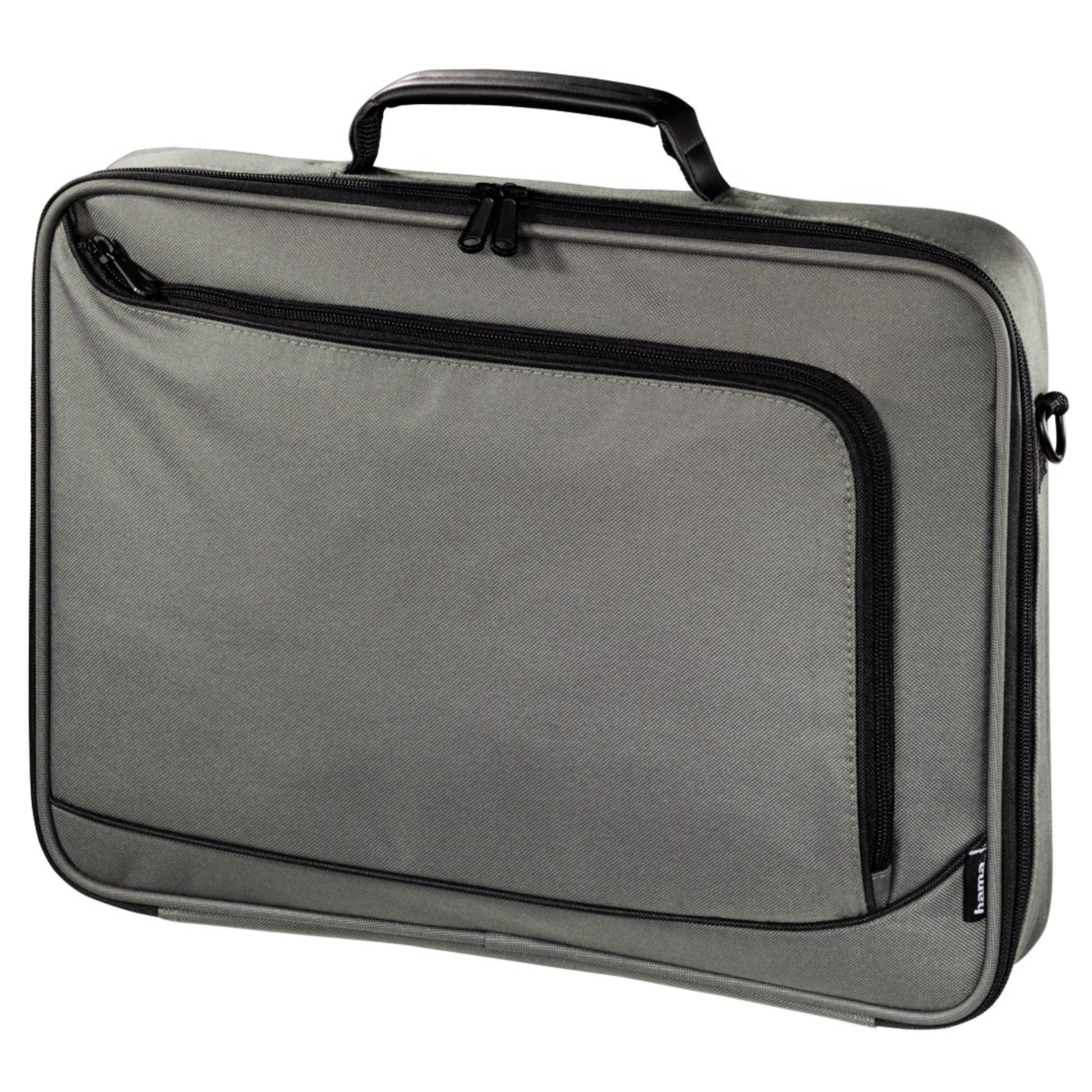 Graue Laptoptasche mit schwarzem Griff und Reißverschlüssen.