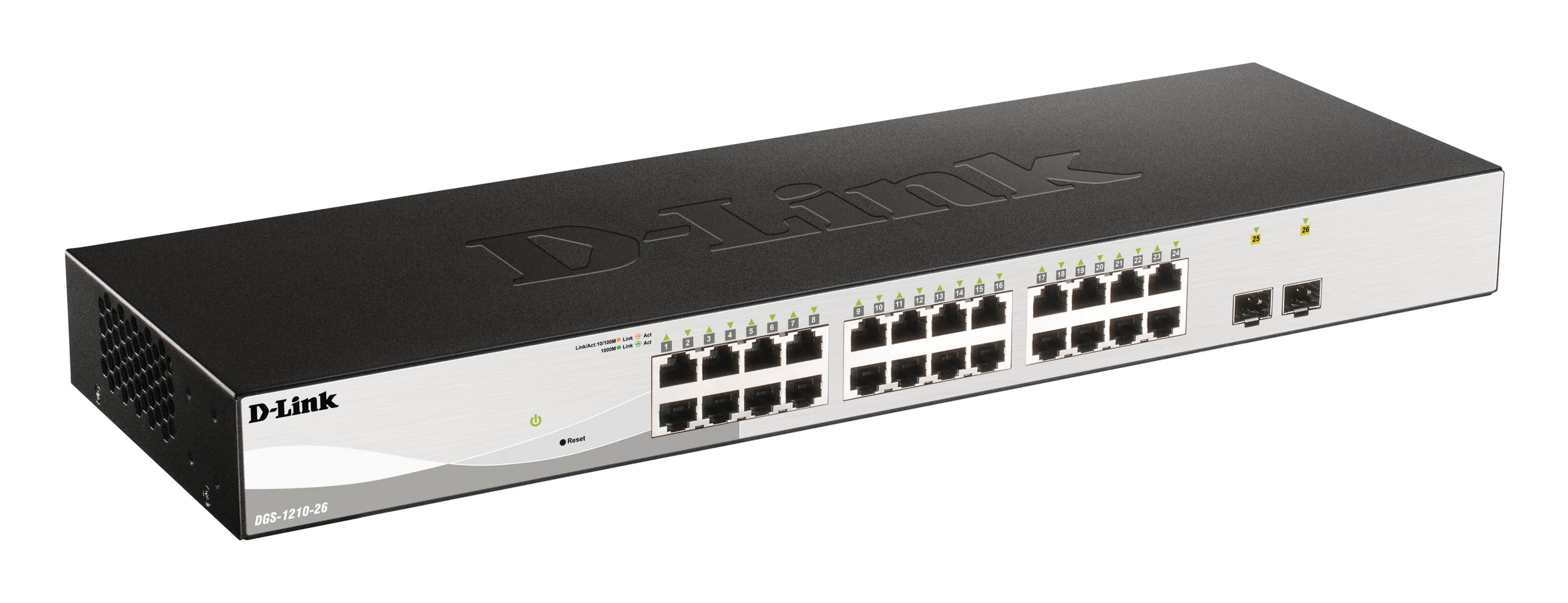 Uno switch di rete D-Link nero con 26 porte e pannello frontale argento.
