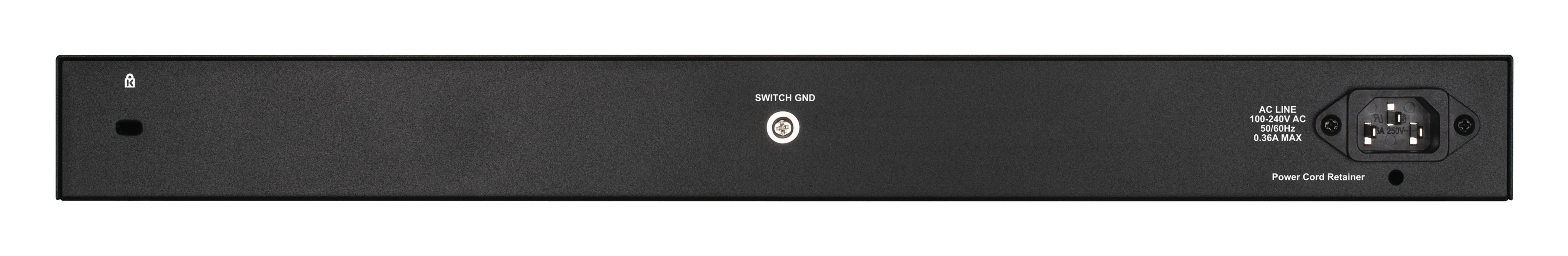 Dispositivo di rete nero con porte: icona lucchetto, terra switch, ingresso AC.