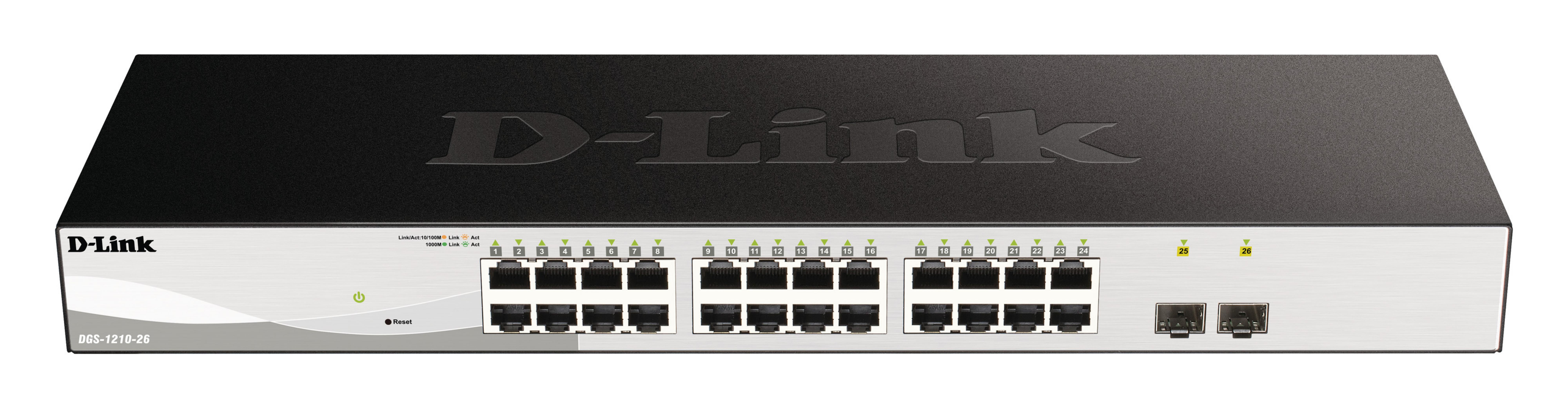 Switch di rete D-Link a 26 porte, argento e nero, con LED di stato.