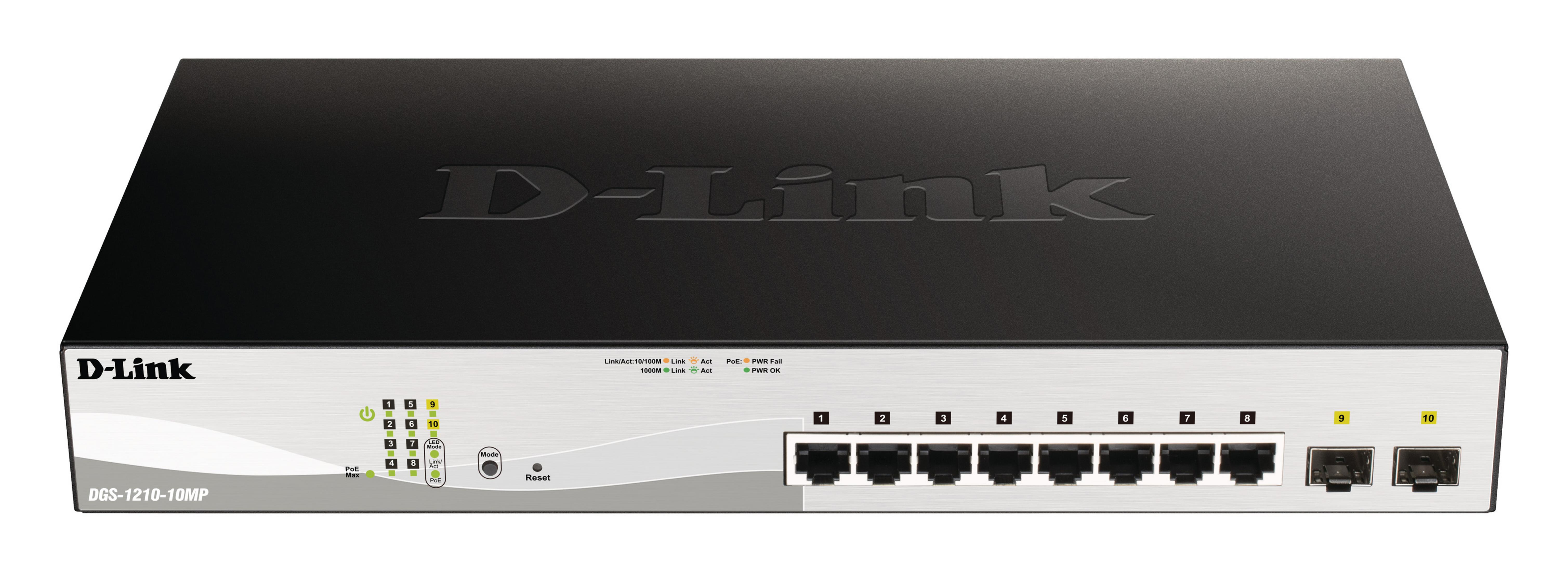 Ein schwarzer D-Link Netzwerk-Switch mit 10 Ports und silberner Vorderseite.