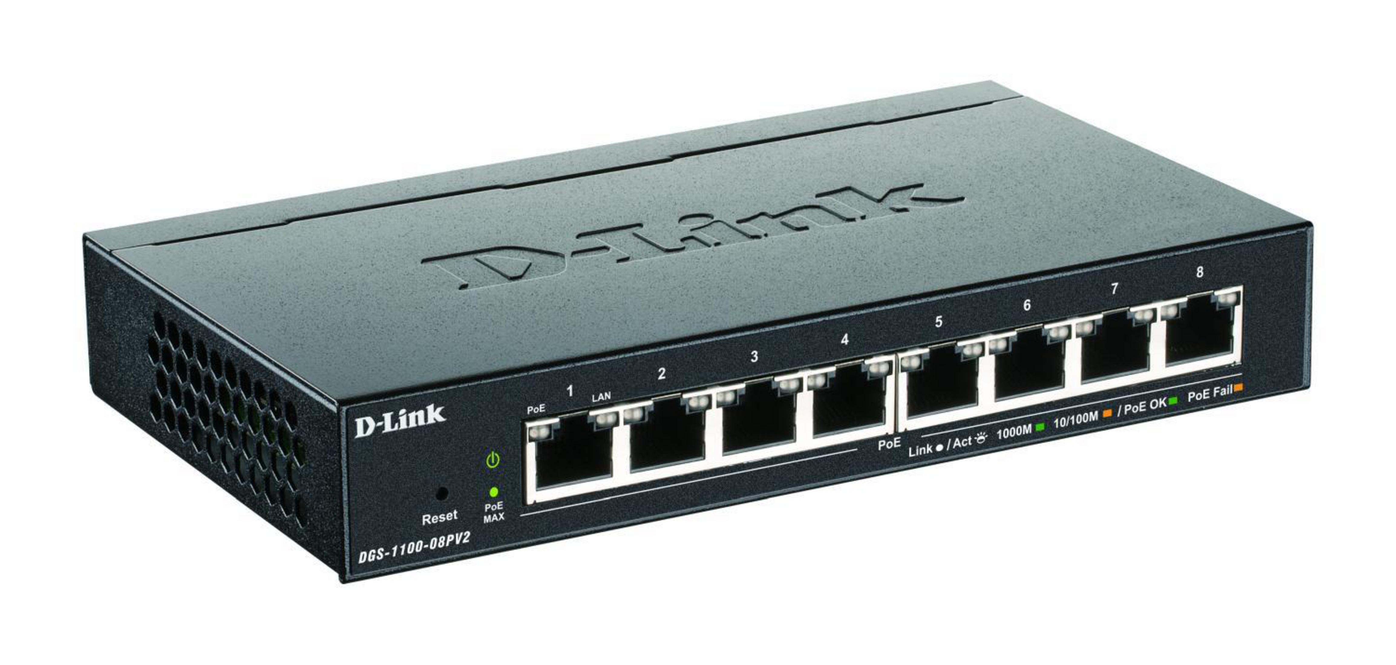 Un switch de red D-Link PoE de 8 puertos en negro con puertos etiquetados 1-8.