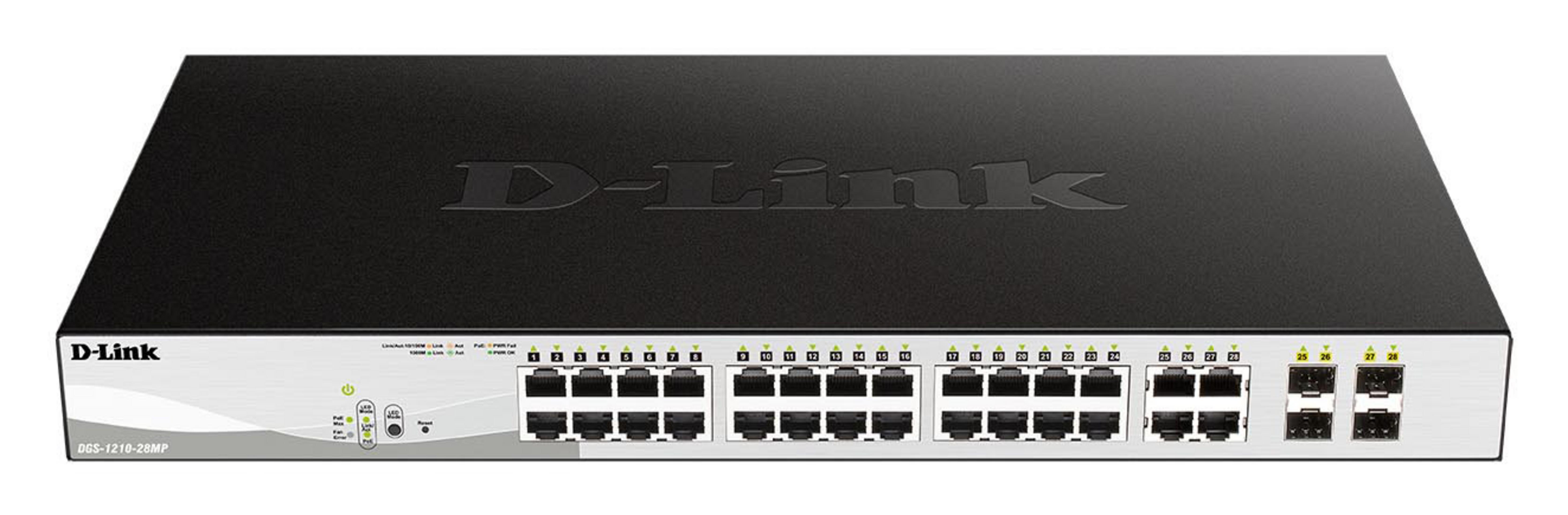 Uno switch di rete D-Link nero con 28 porte e LED di stato.