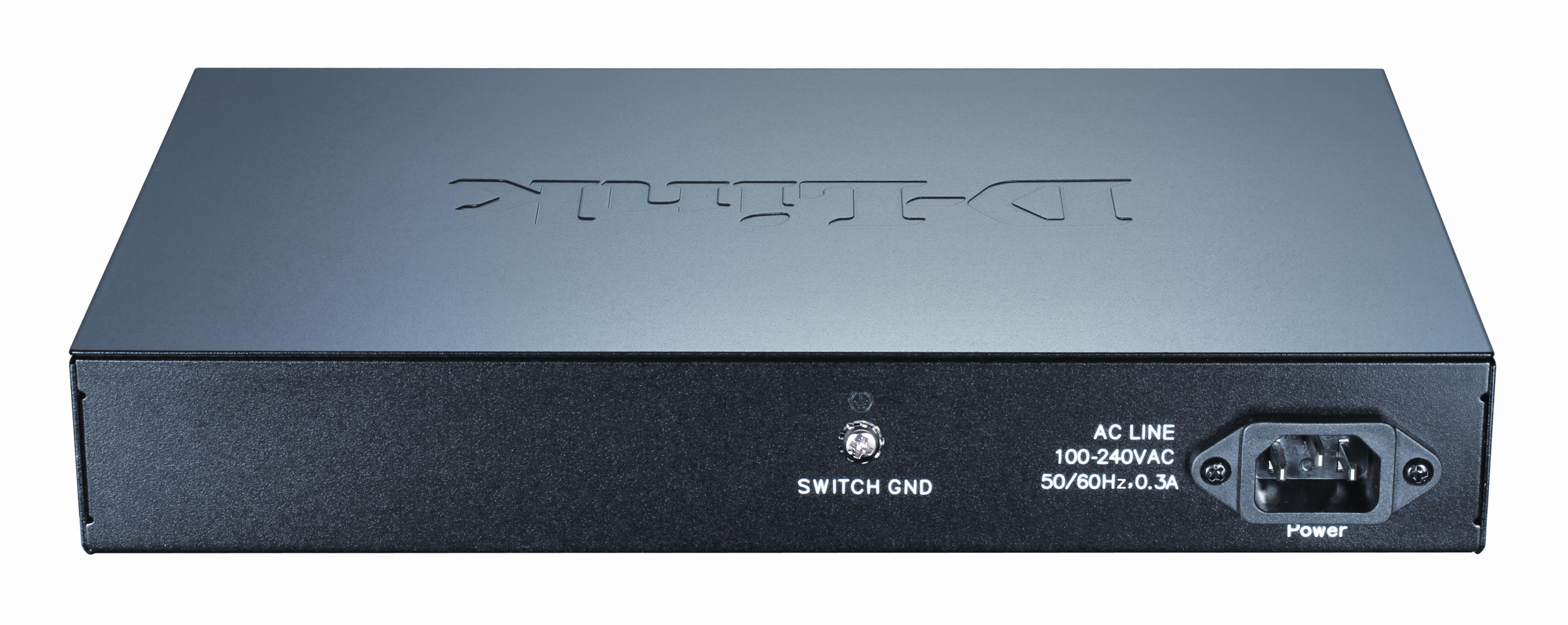 Switch di rete nero con logo D-Link, porta di alimentazione ed etichette.