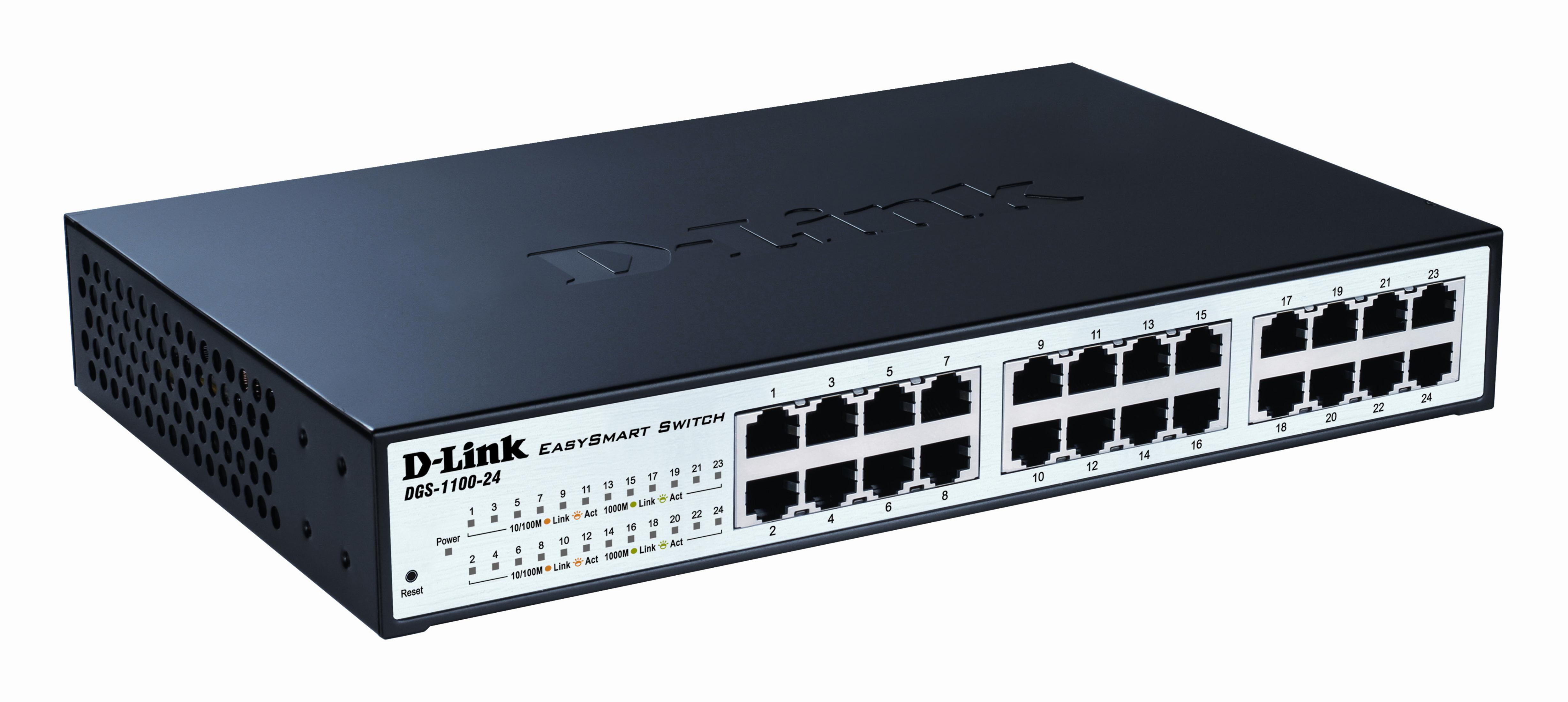 Uno switch D-Link Easysmart nero con 24 porte su sfondo bianco.