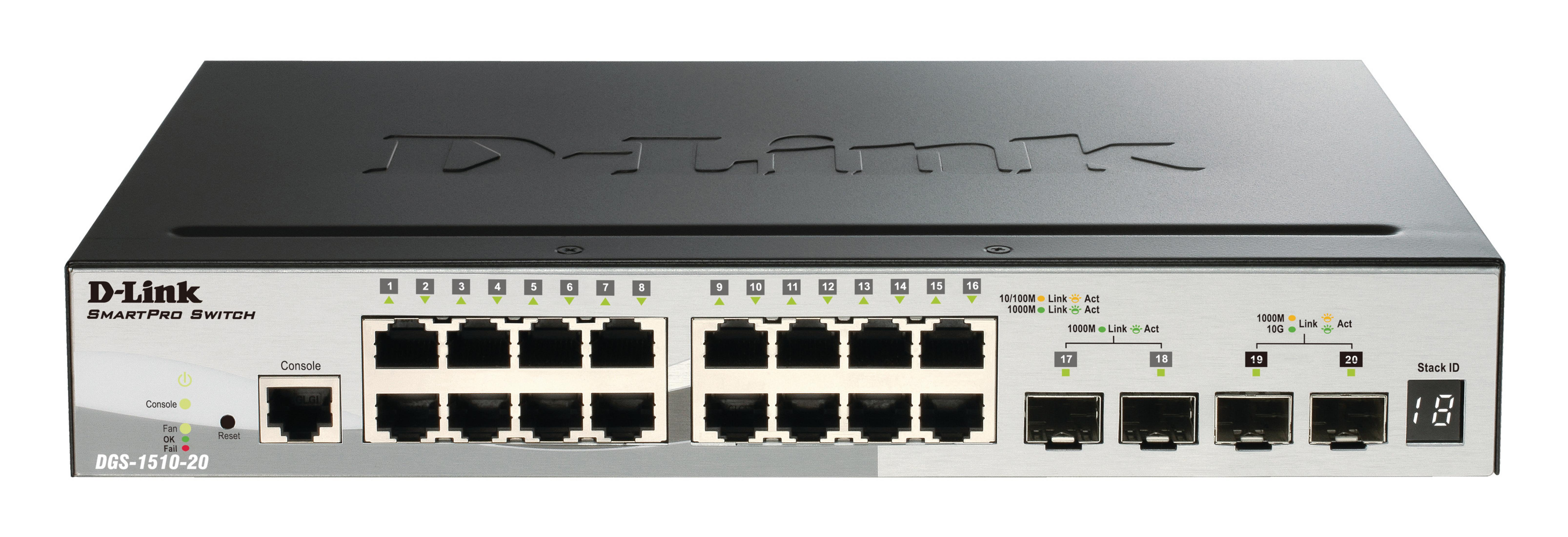 Uno switch D-Link SmartPro con 20 porte e indicatori di stato.