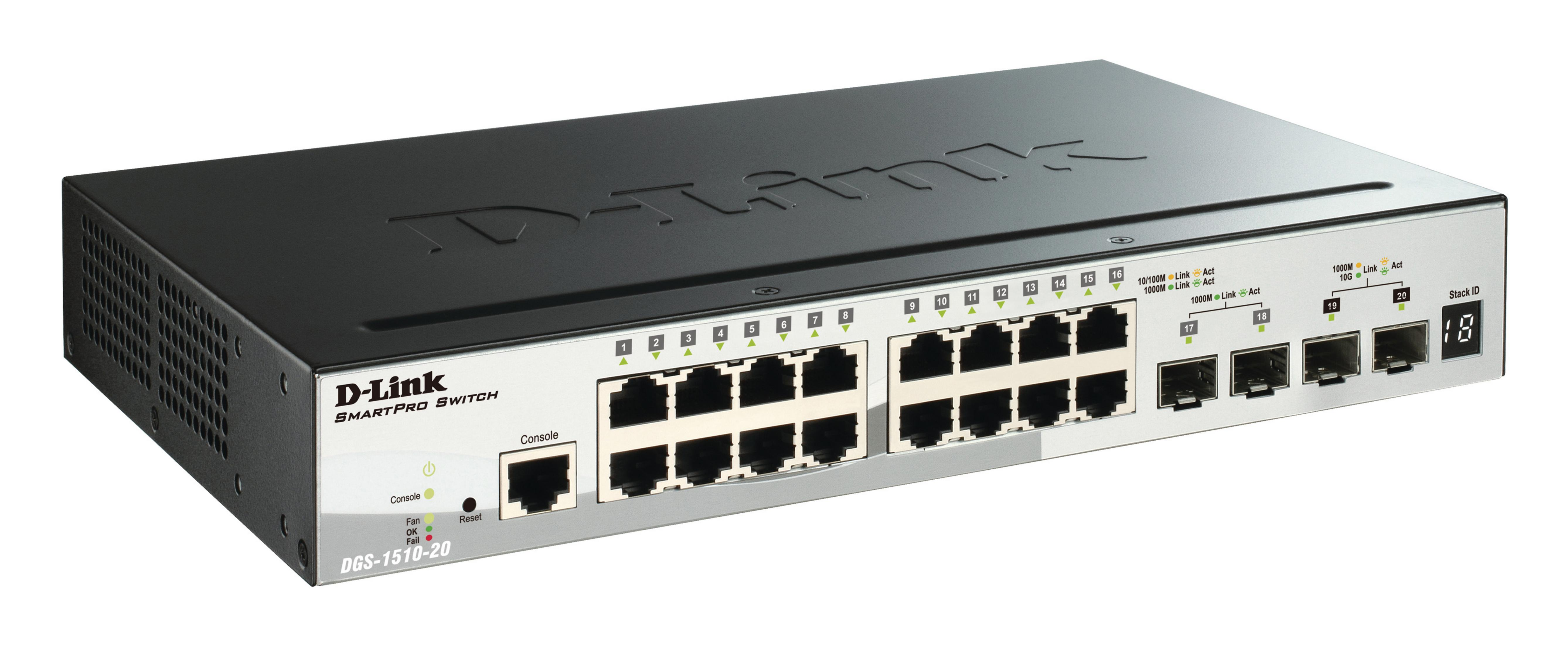 Uno switch D-Link SmartPro con 24 porte e indicatori di stato.