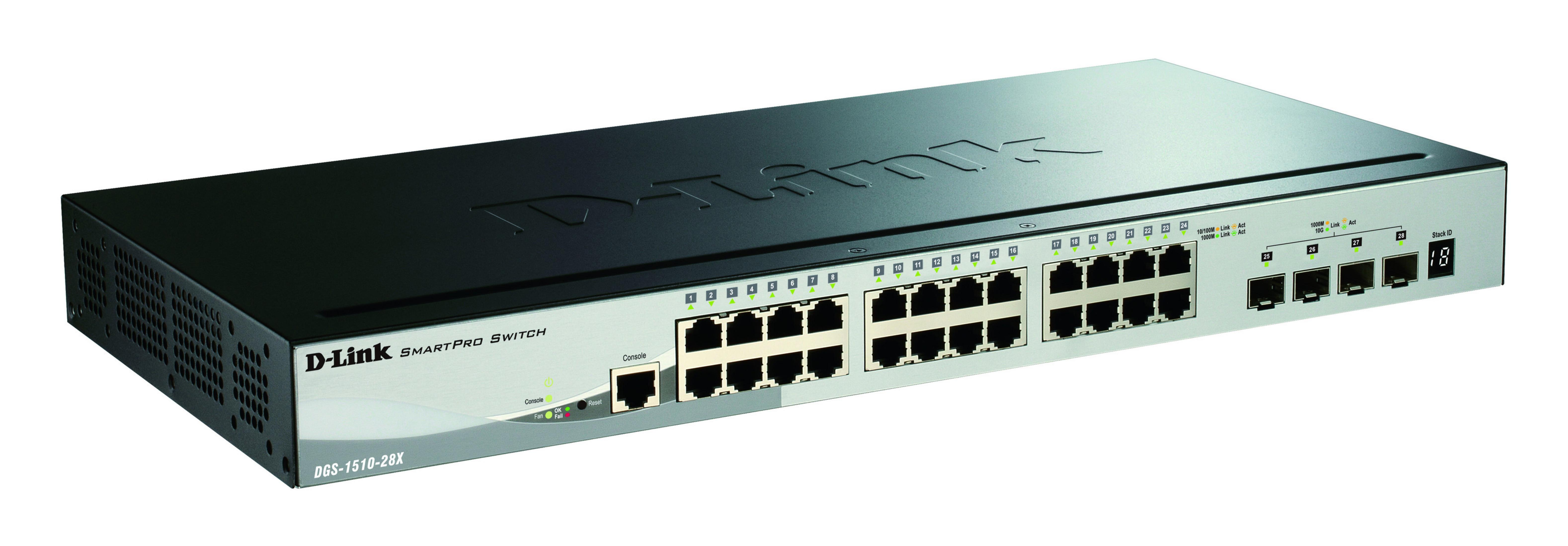 Uno switch D-Link SmartPro argentato con 28 porte e coperchio nero.
