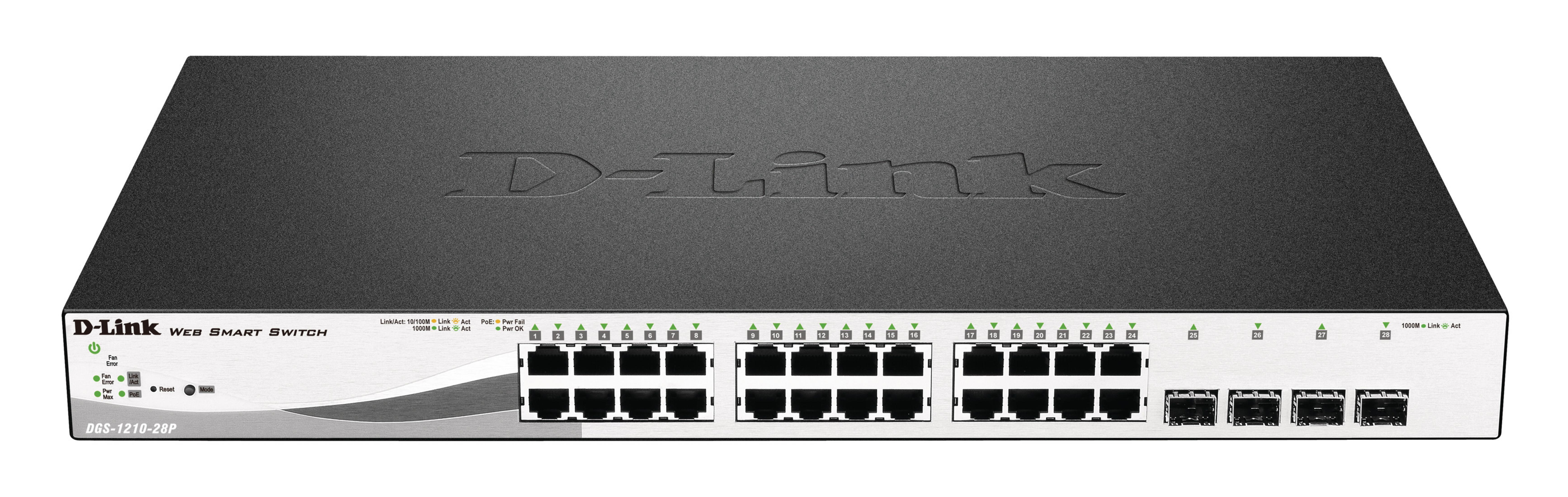 Uno switch D-Link Web Smart da 28 porte, con frontale argentato e scocca nera.
