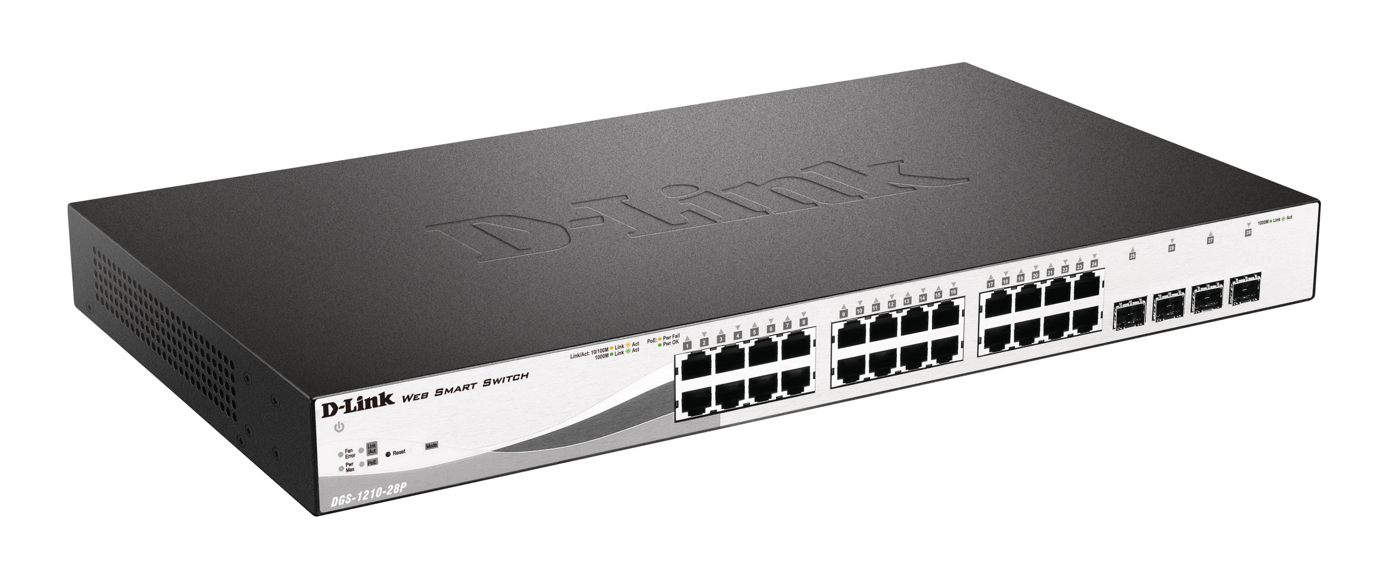 Uno switch intelligente D-Link nero con molte porte Ethernet e LED di stato.