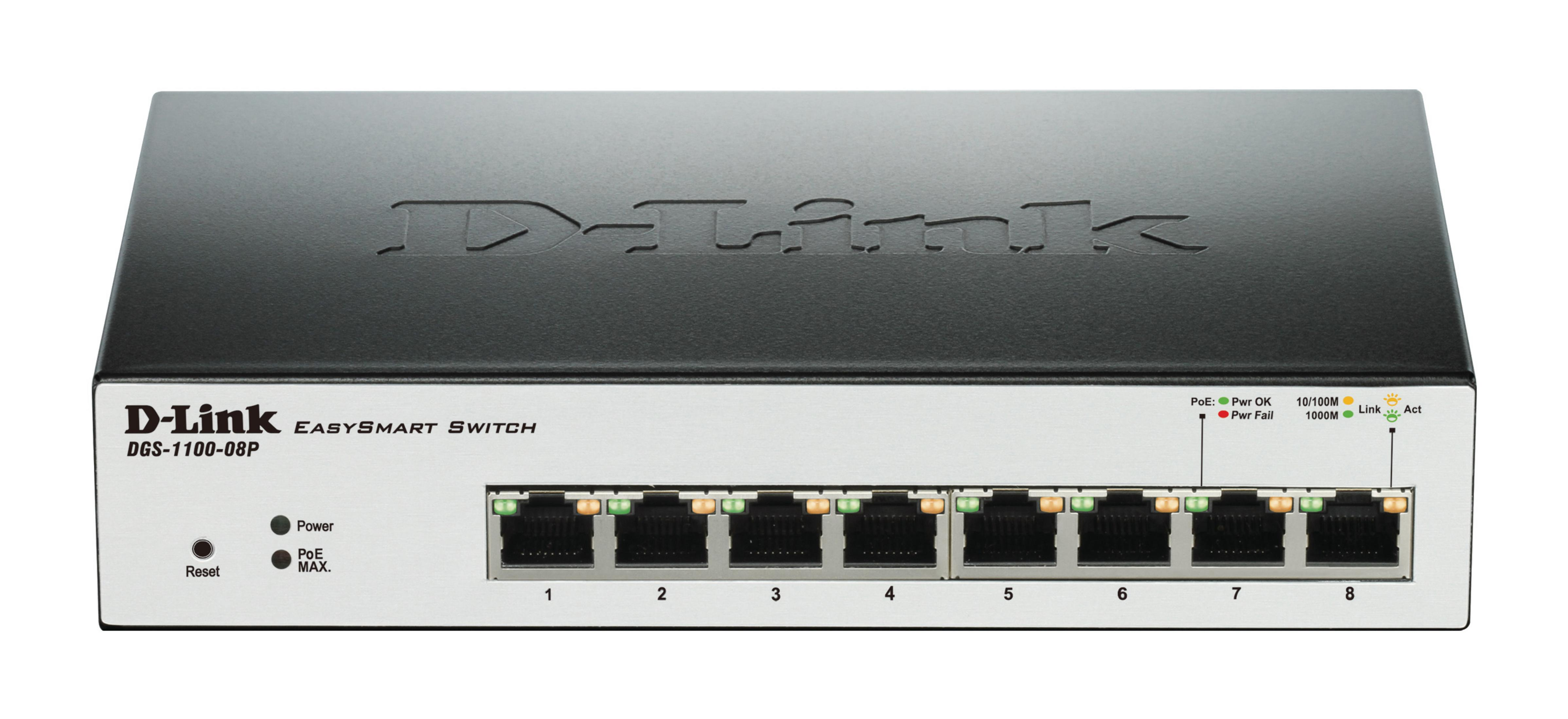 Uno switch D-Link EasySmart nero a 8 porte, su sfondo bianco.
