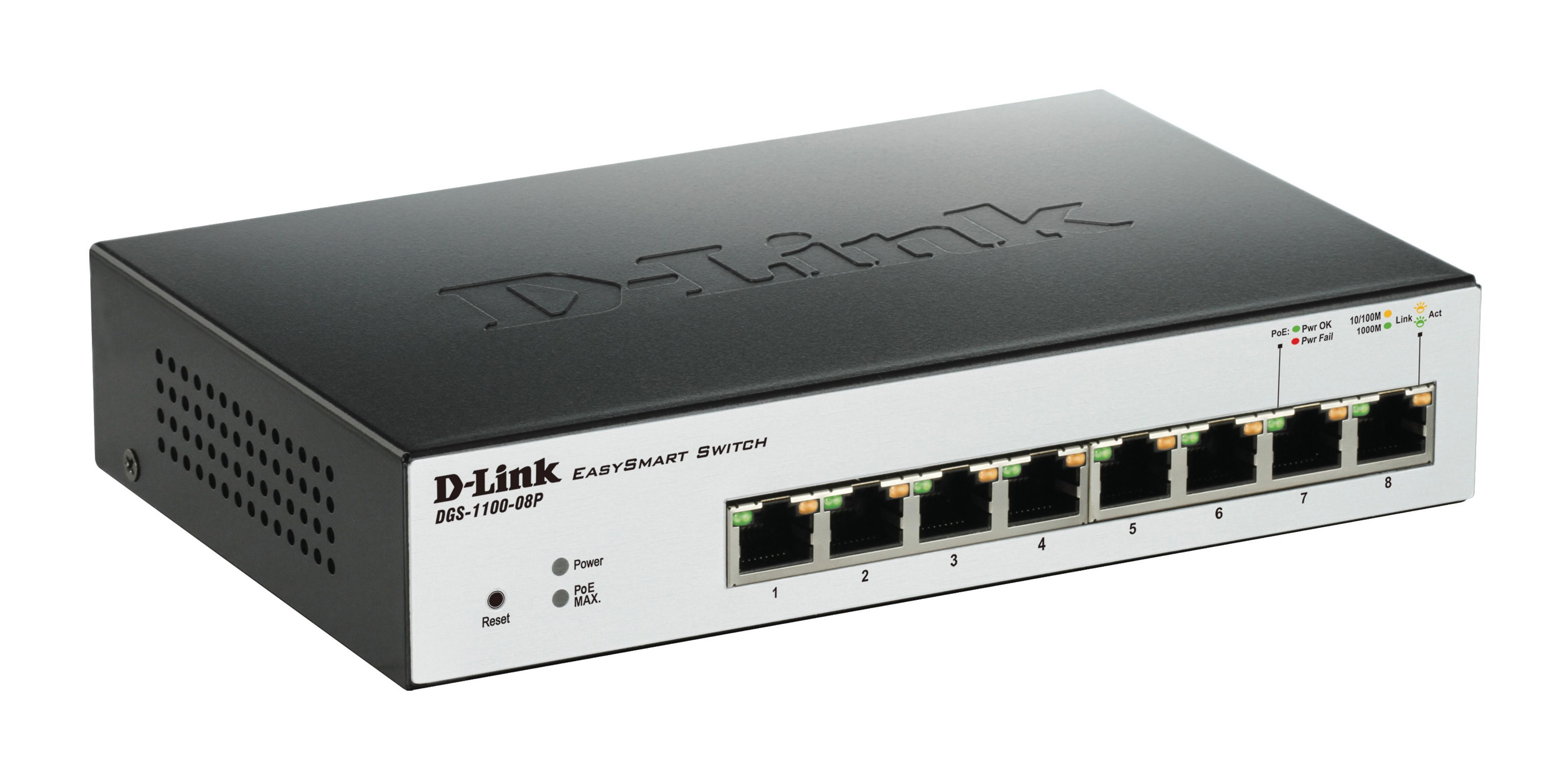 Uno switch Gigabit D-Link nero a 8 porte con pannello frontale argentato e LED.