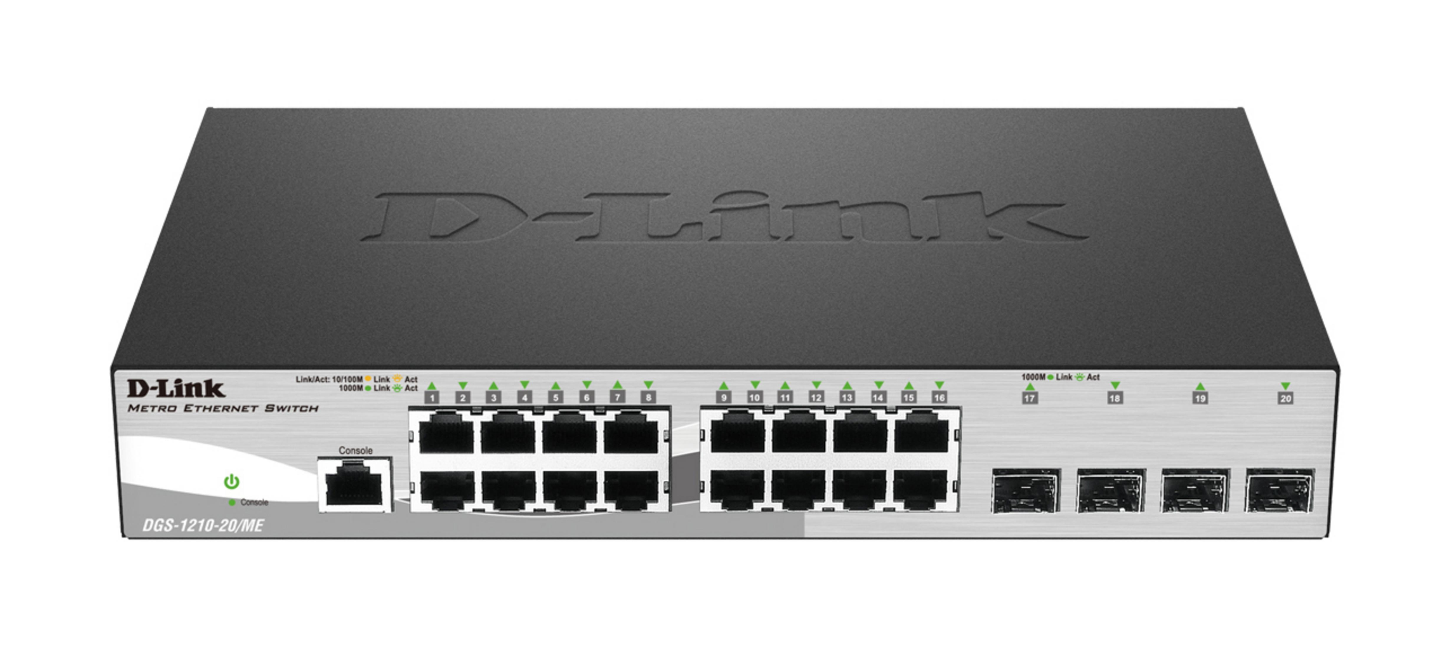 Uno switch Ethernet Metro D-Link nero con 20 porte e porta console.