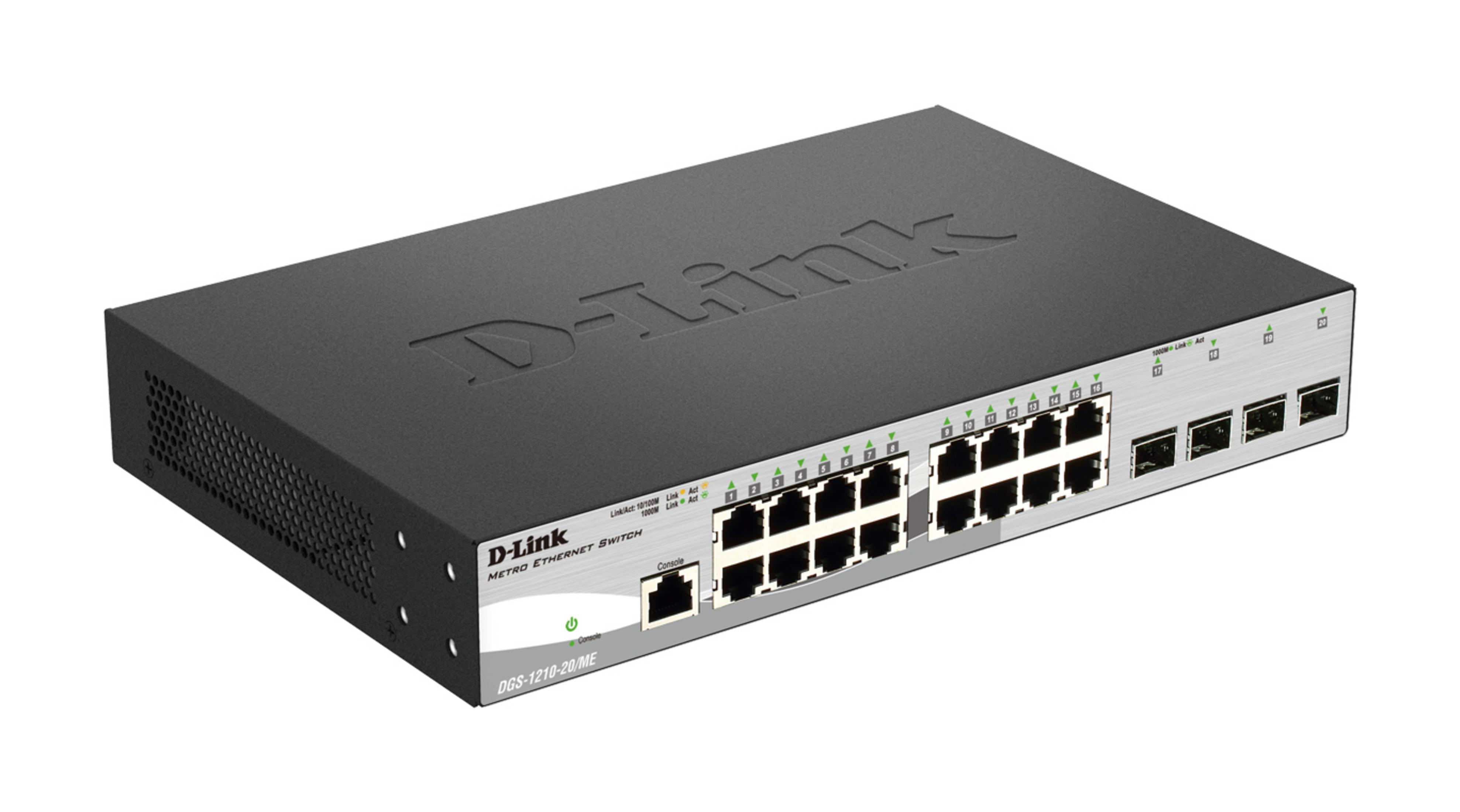 Uno switch D-Link Metro Ethernet nero da 20 porte su sfondo bianco.