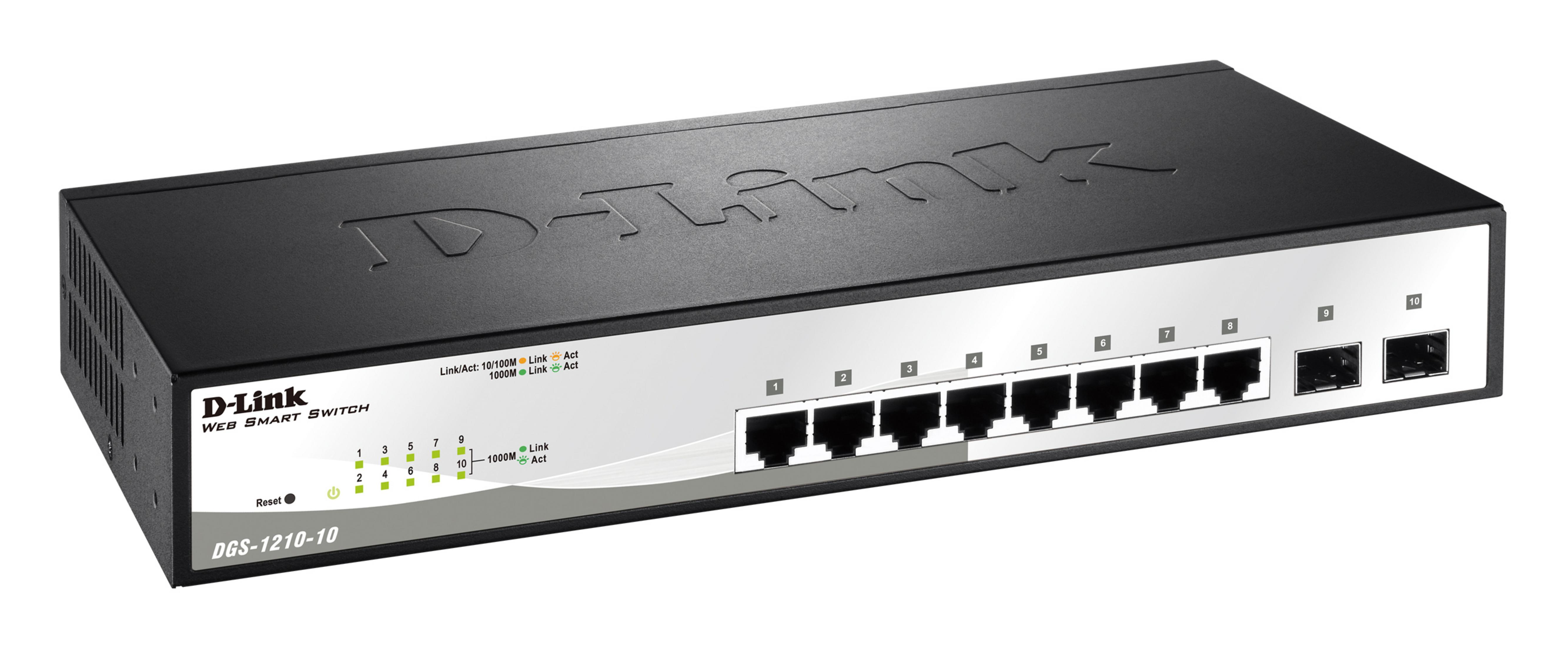Uno switch D-Link Web Smart nero con 10 porte e LED di stato.