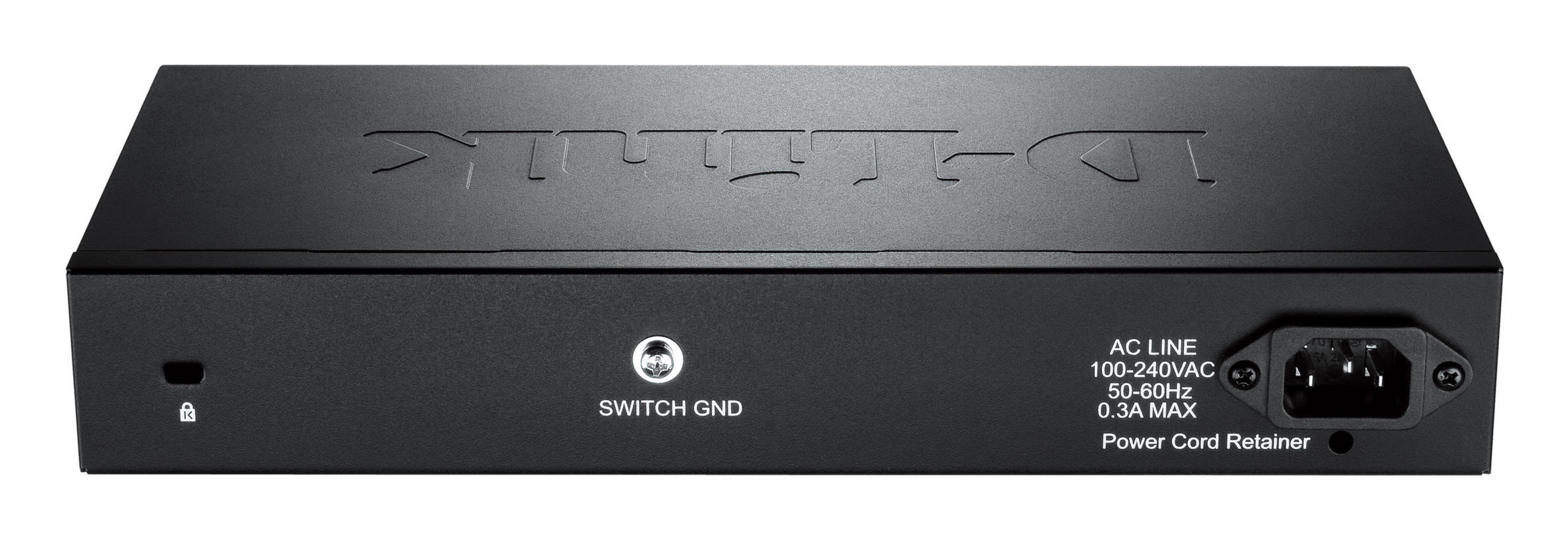 Dispositivo di rete nero con logo D-Link, interruttore di terra e ingresso AC.