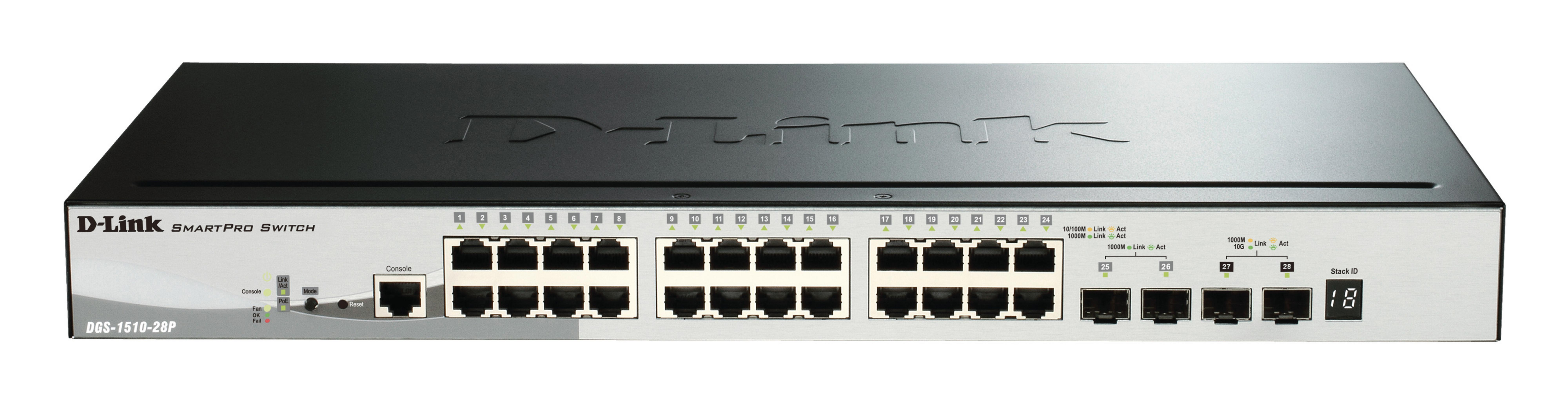 Uno switch D-Link SmartPro da 28 porte, argento, con porte multiple e LED.