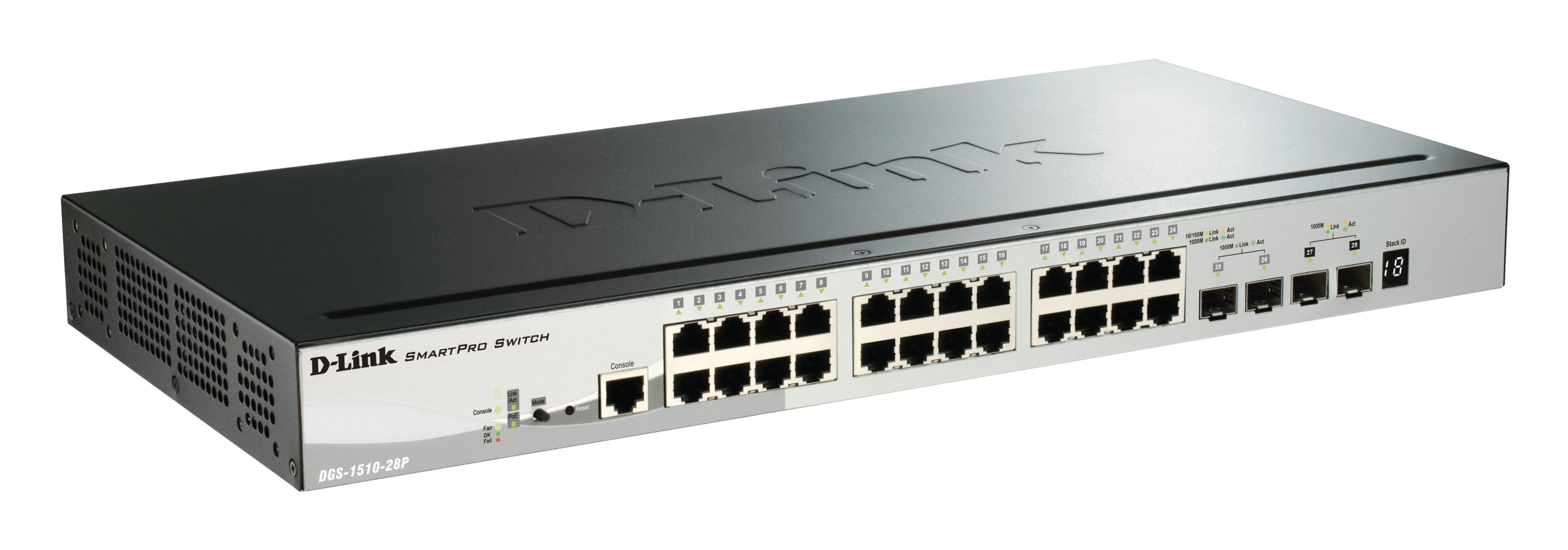 Uno switch D-Link SmartPro da 28 porte, argento e nero, su sfondo bianco.