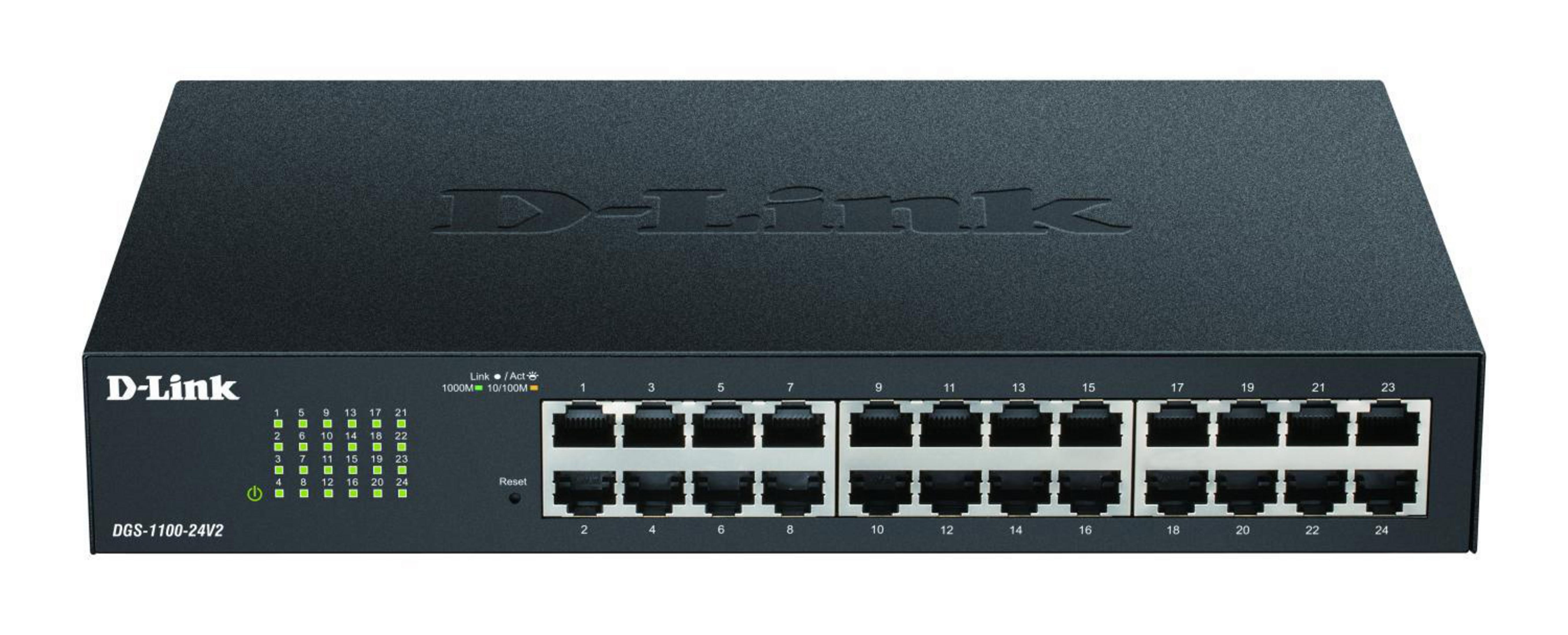 Switch di rete D-Link nero a 24 porte con indicatori LED.