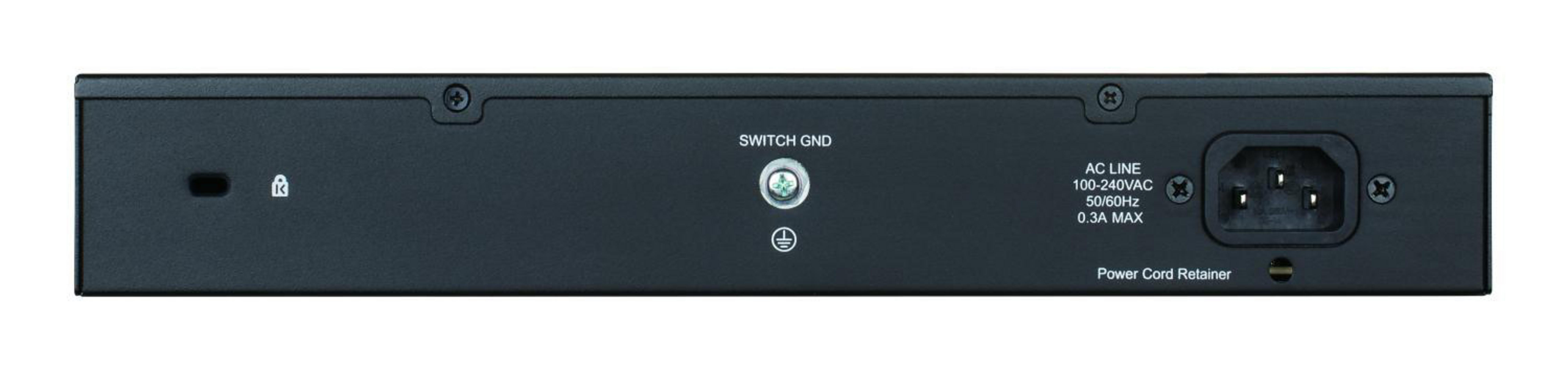 Retro di un dispositivo nero con connessione di alimentazione e messa a terra.