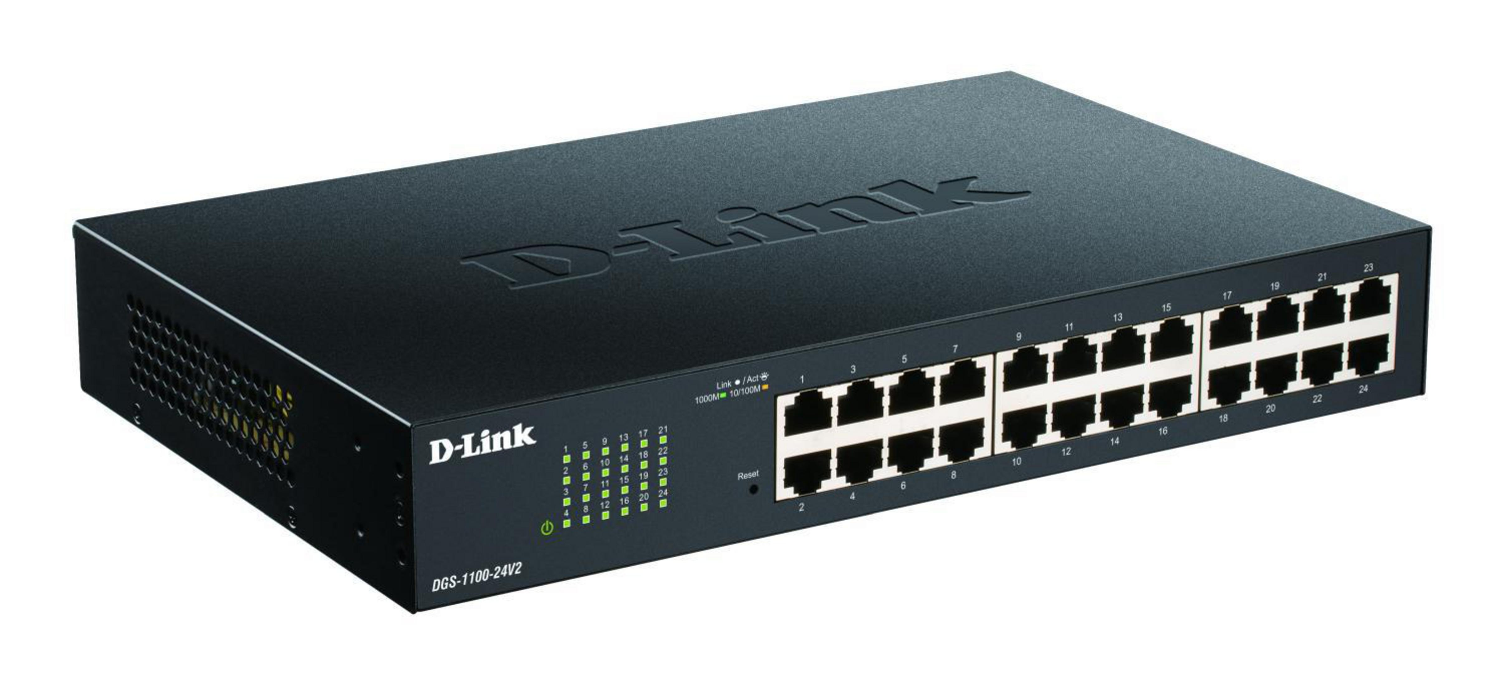 Uno switch di rete D-Link nero a 24 porte con LED di stato.