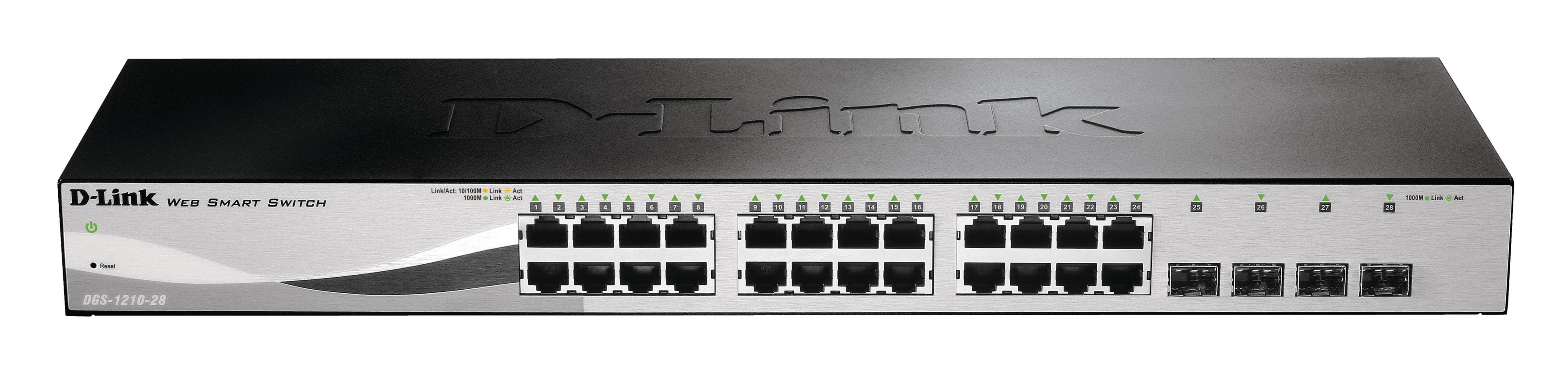 Uno switch D-Link Web Smart argentato con più porte Ethernet e indicatori di stato.