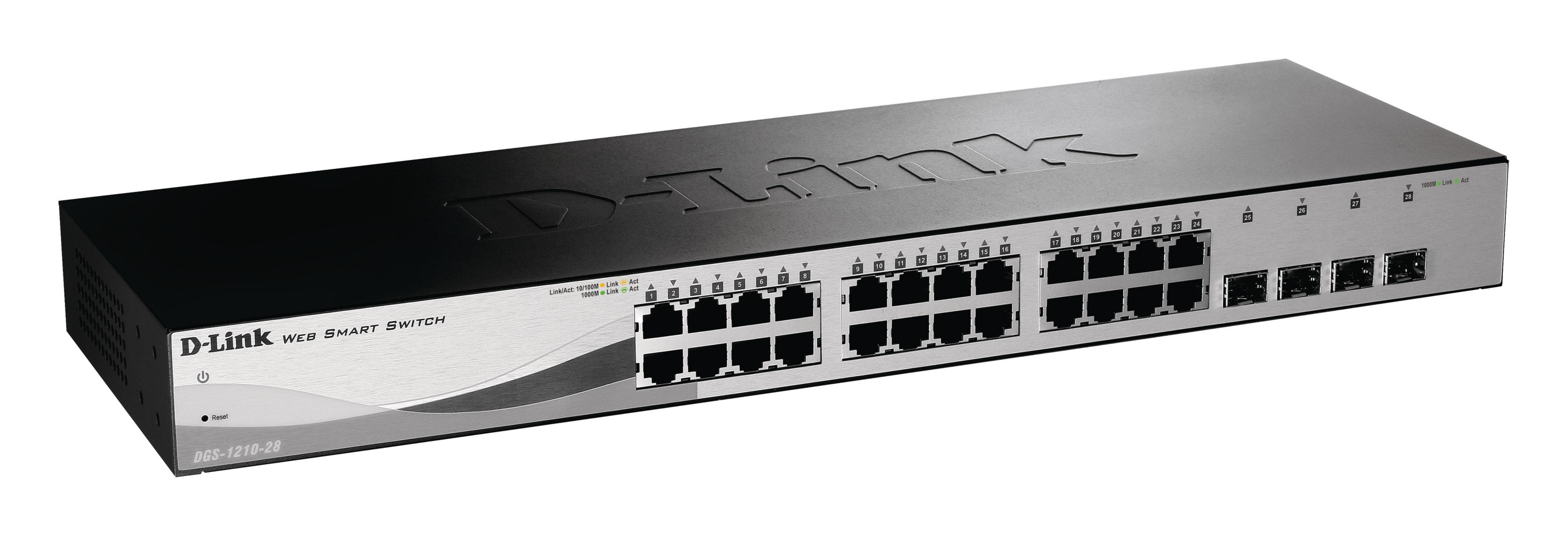 Uno switch D-Link Web Smart argentato con 28 porte frontali e indicatori LED.