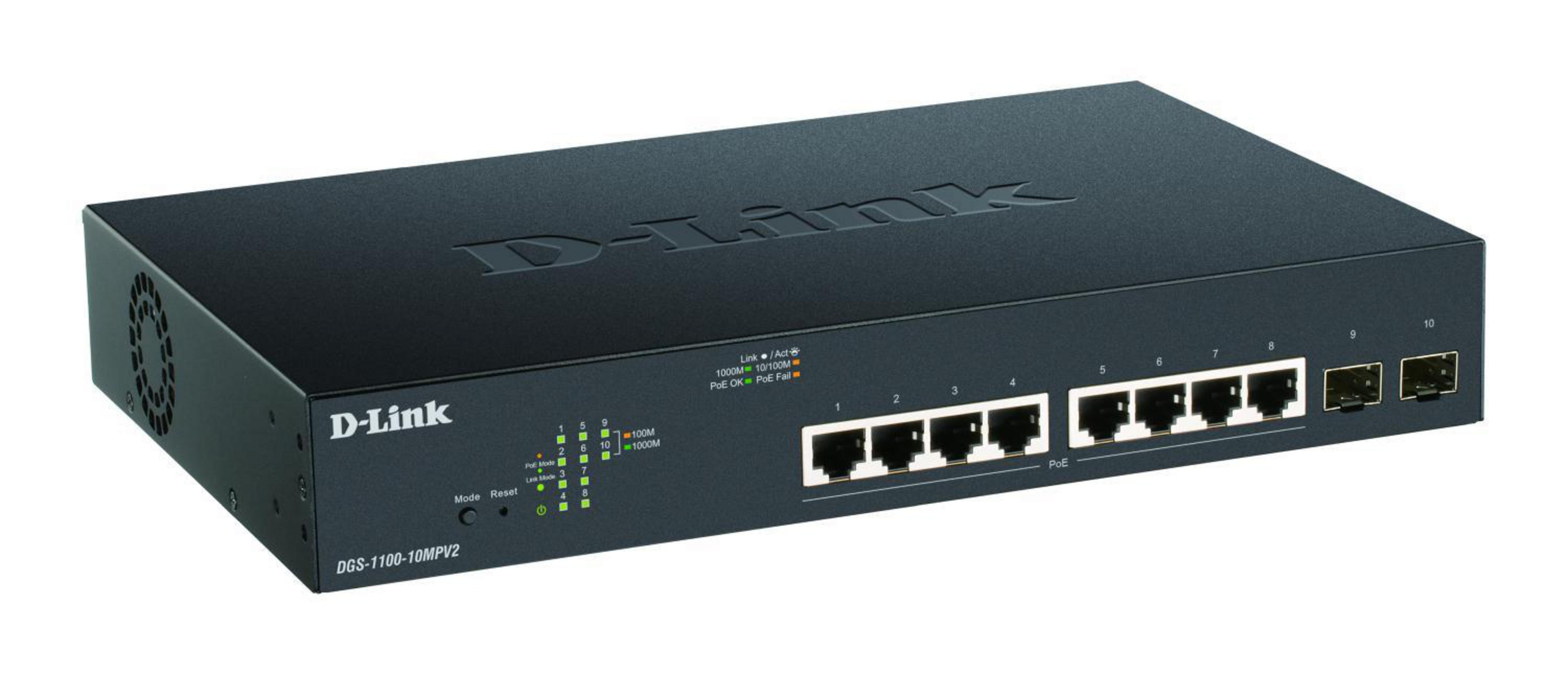 Uno switch di rete D-Link nero a 10 porte con LED di stato.
