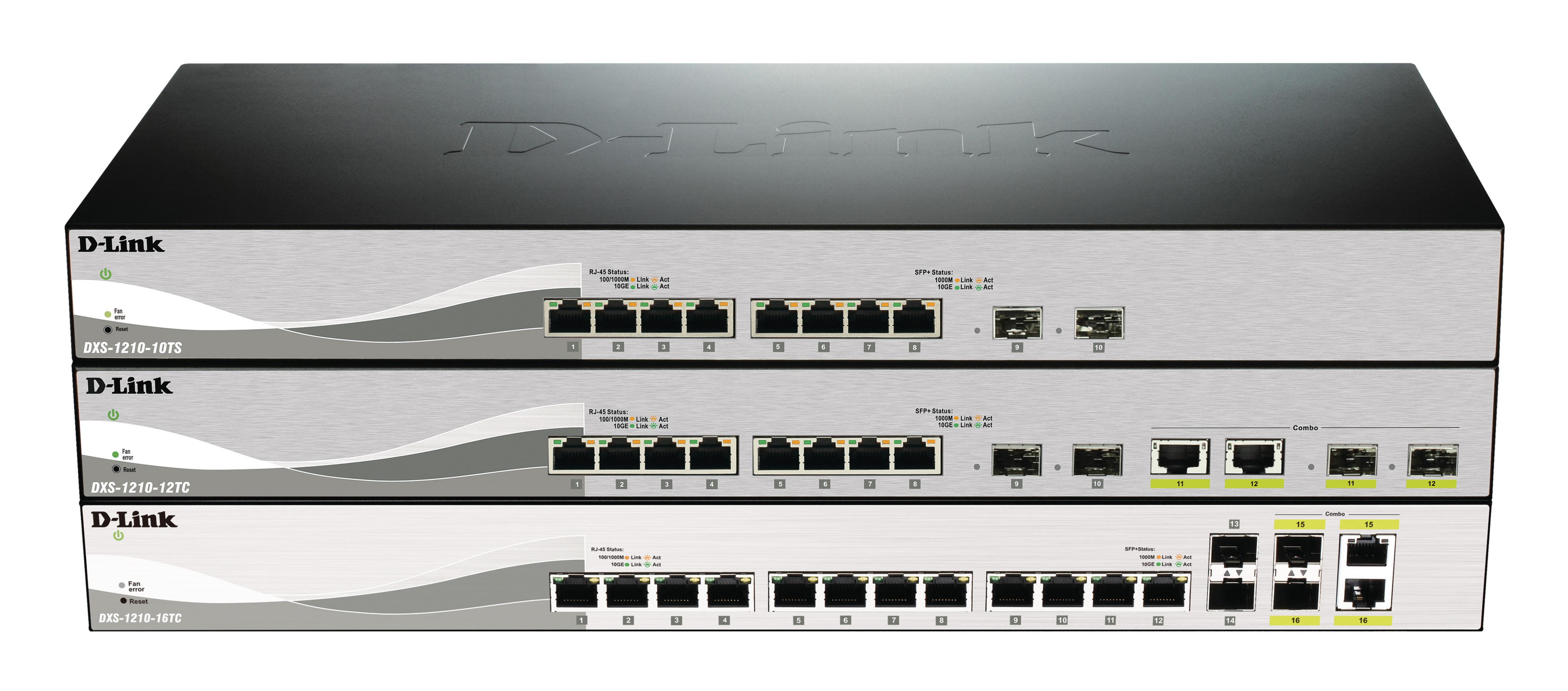 Tre switch di rete D-Link DXS-1210-10TS, DXS-1210-12TC e DXS-1210-16TC impilati.