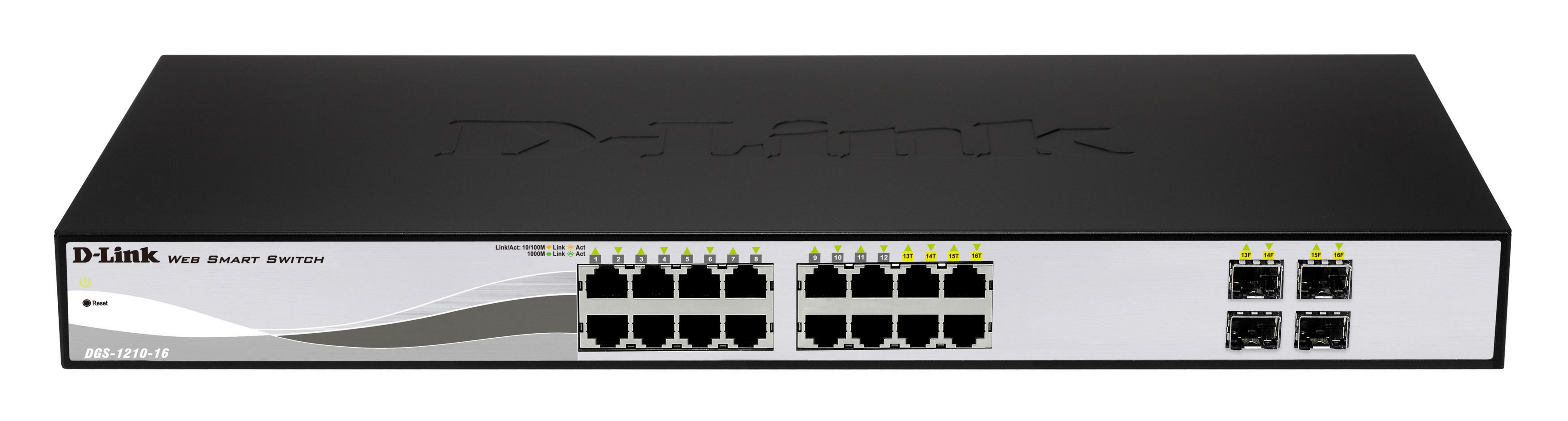 Uno switch D-Link Web Smart nero con 16 porte e pannello frontale argentato.