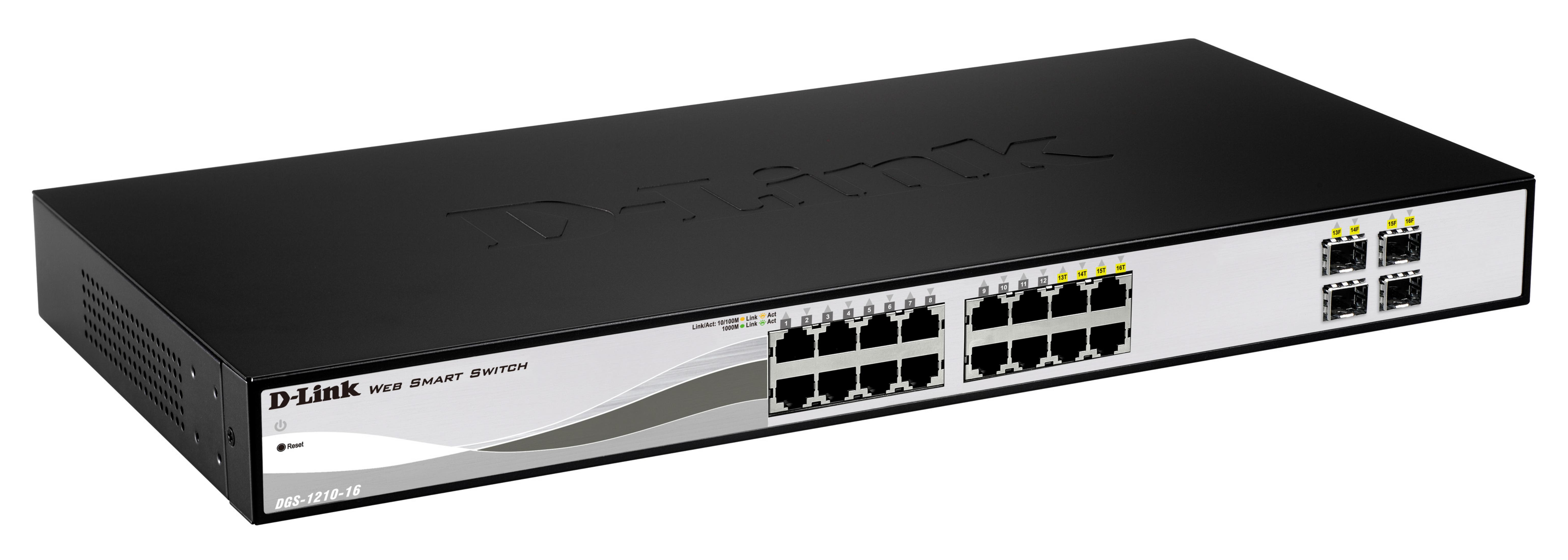 Uno switch D-Link Web Smart nero con 16 porte e LED.