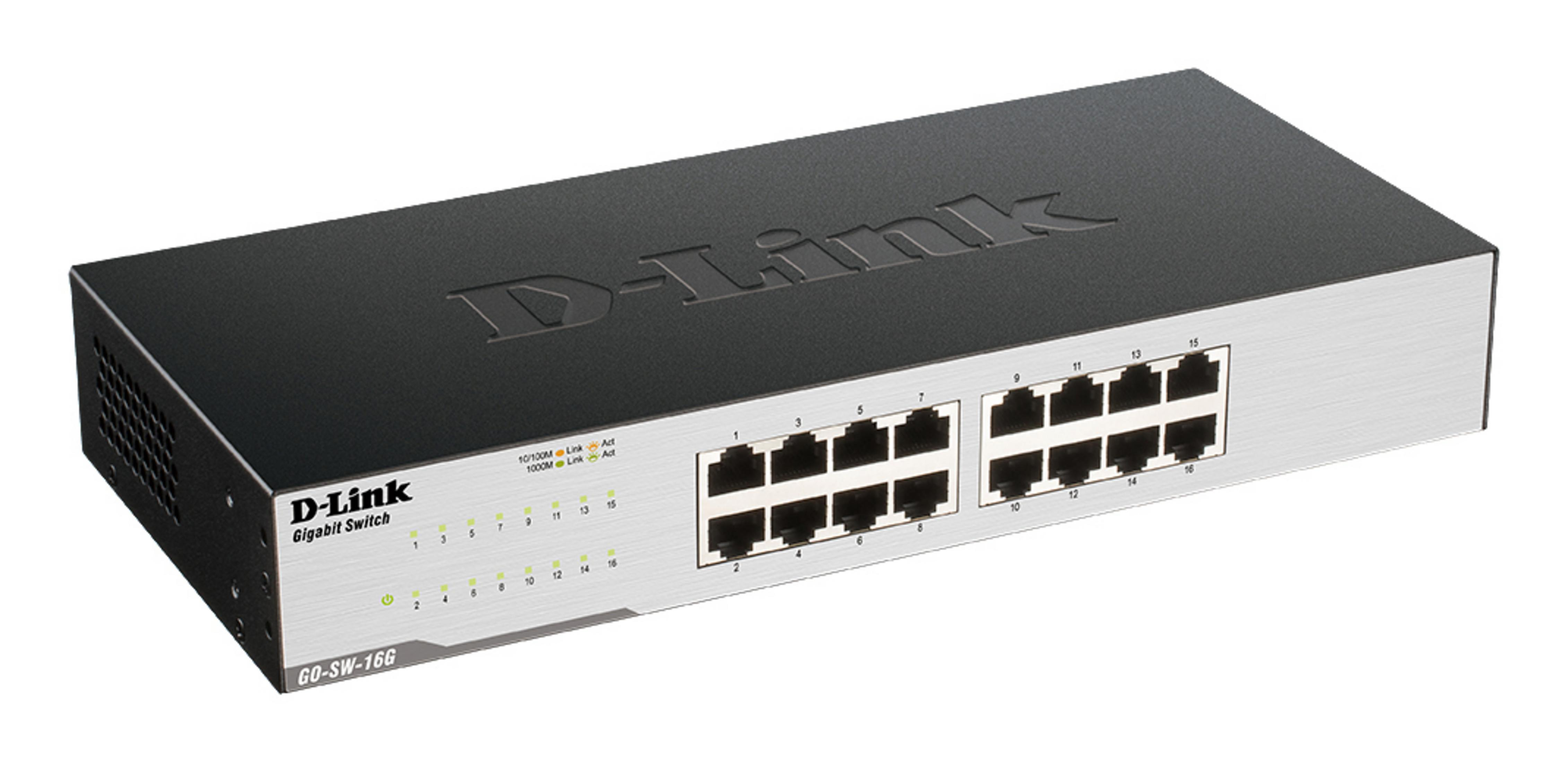 Uno switch Gigabit D-Link a 16 porte, nero e argento.