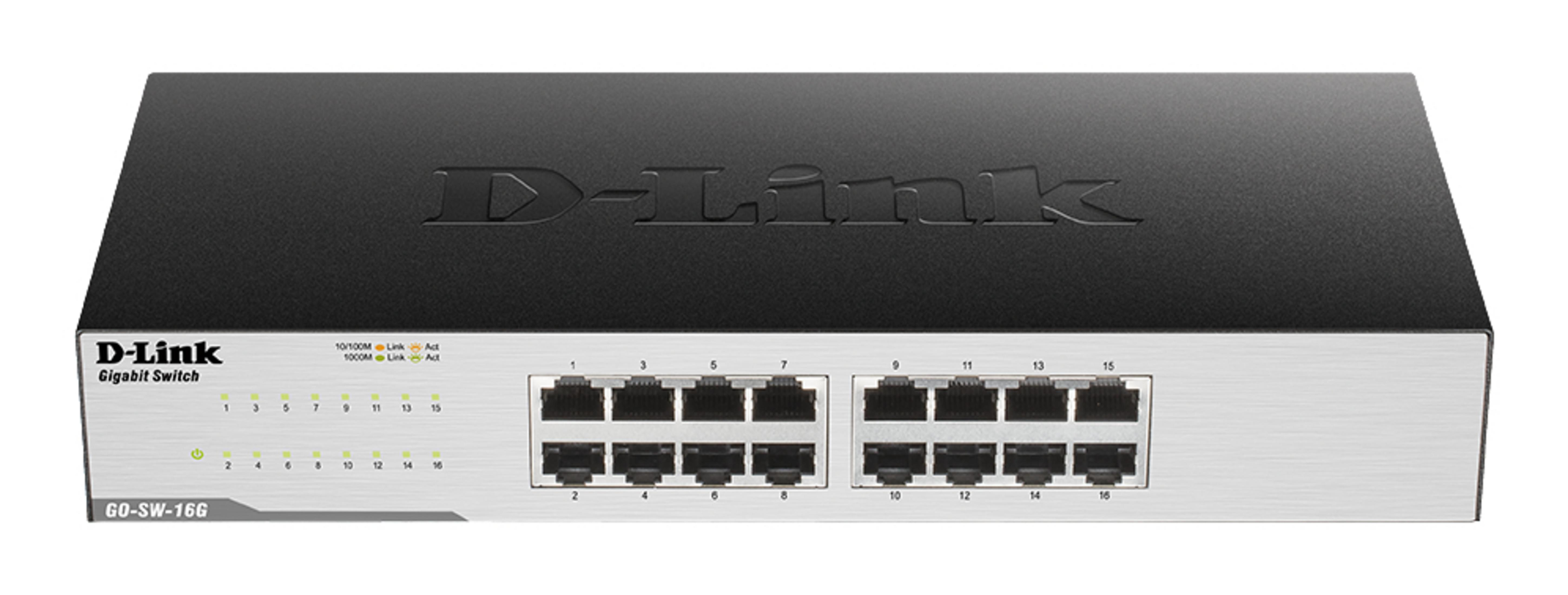 Uno switch Gigabit D-Link con 16 porte frontali e LED.
