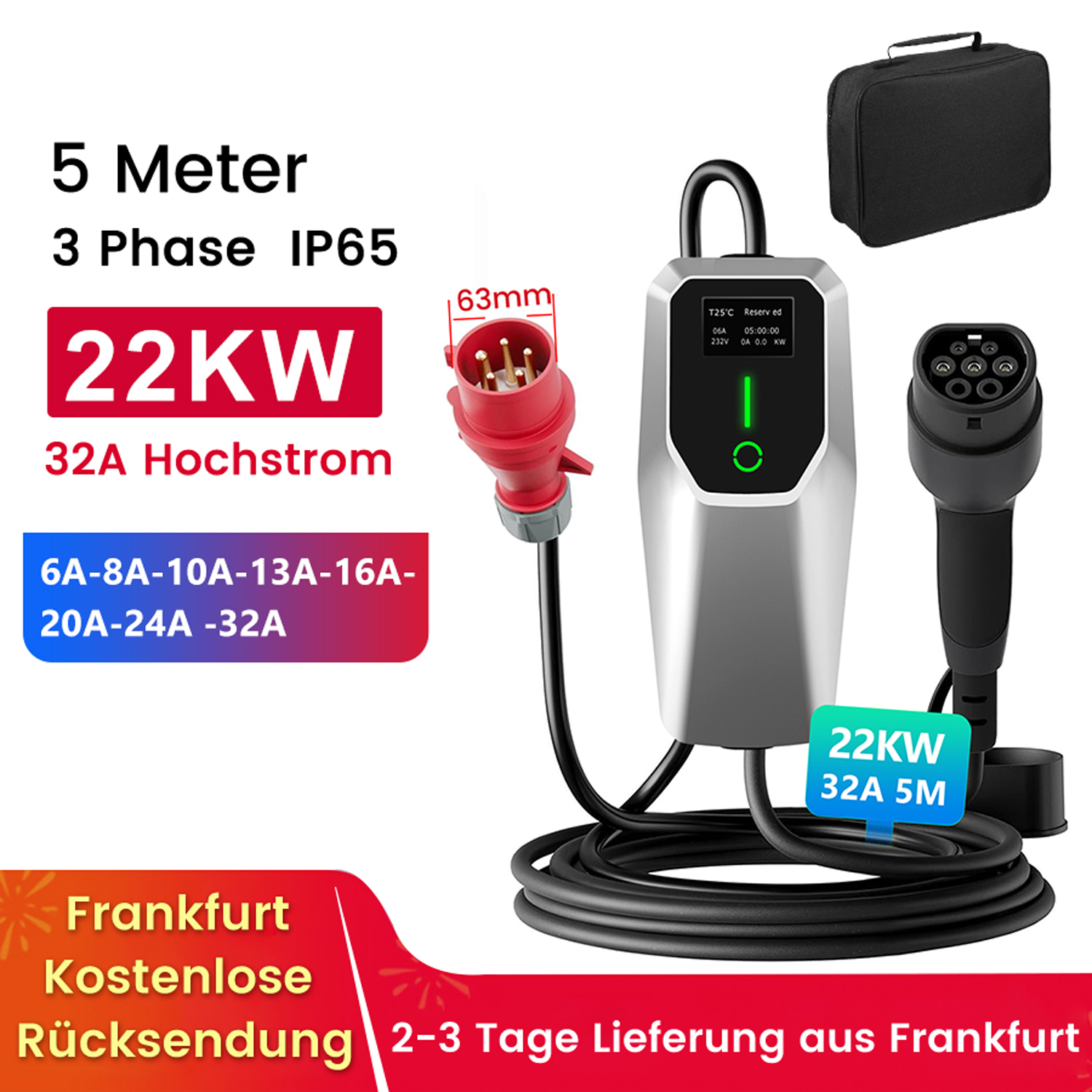 Caricatore EV 5m 22KW 3 fasi con spina rossa, cavo nero e borsa.