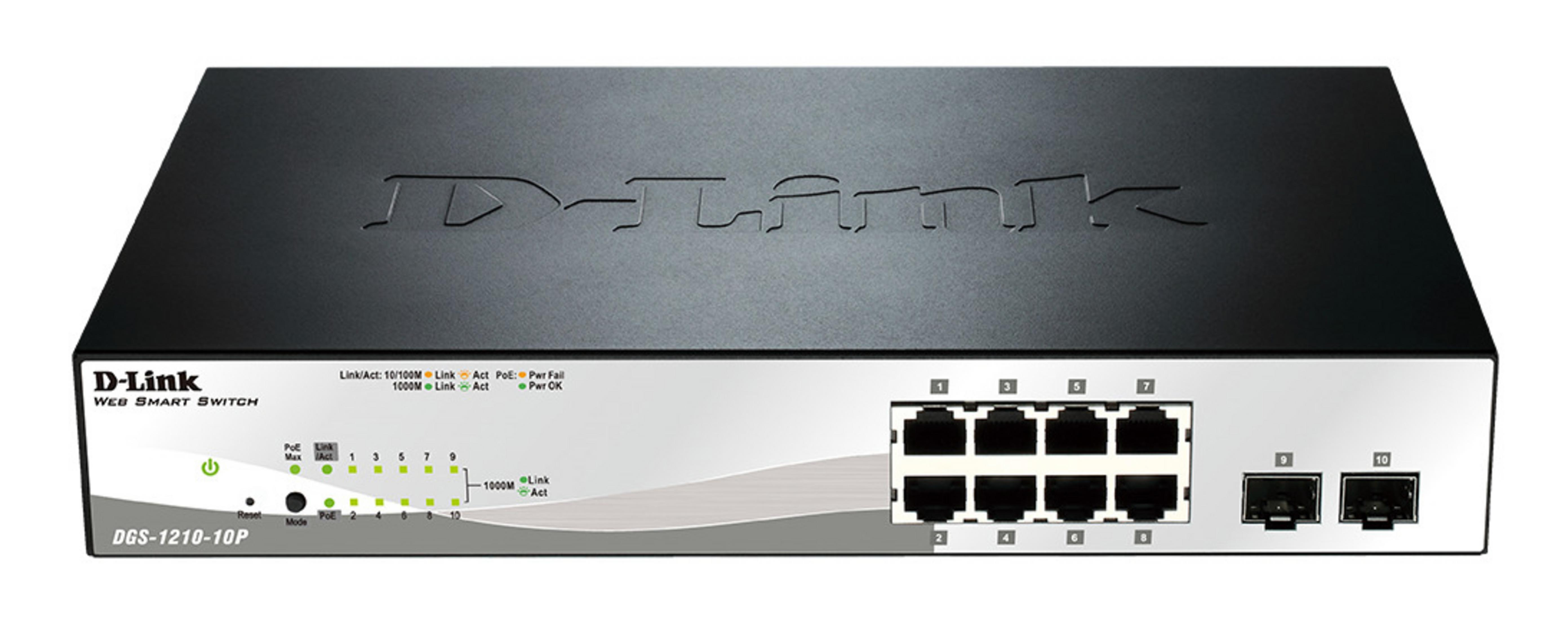 Uno switch D-Link Web Smart nero con 10 porte e indicatori LED.