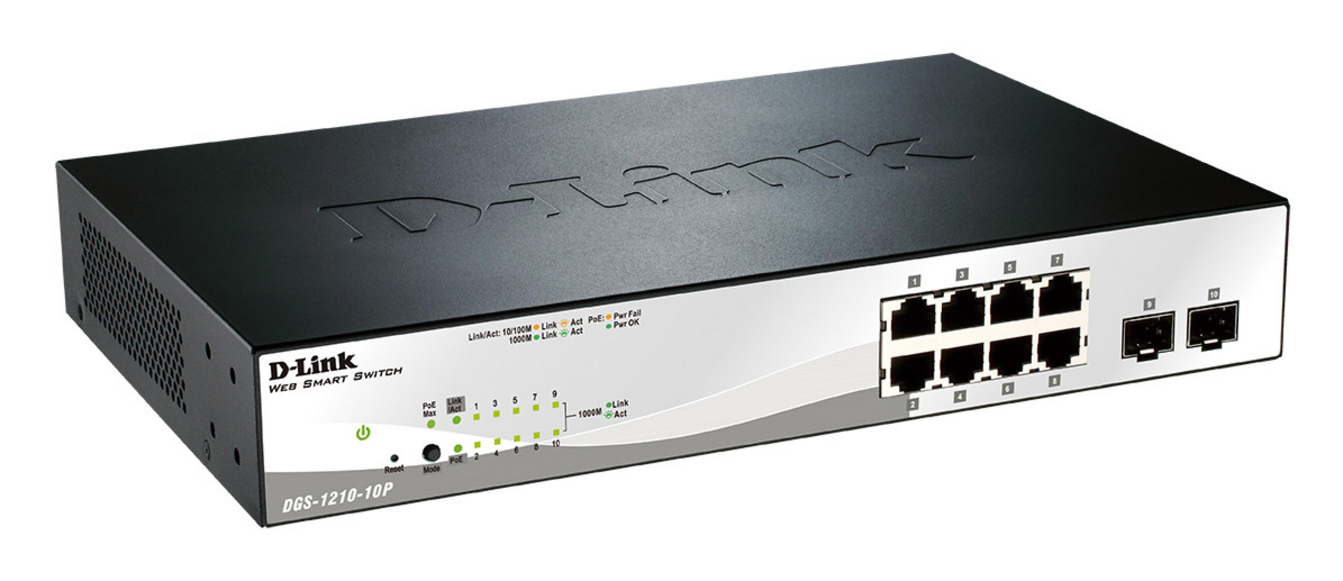 Uno switch D-Link Web Smart nero con 10 porte e LED indicatori.